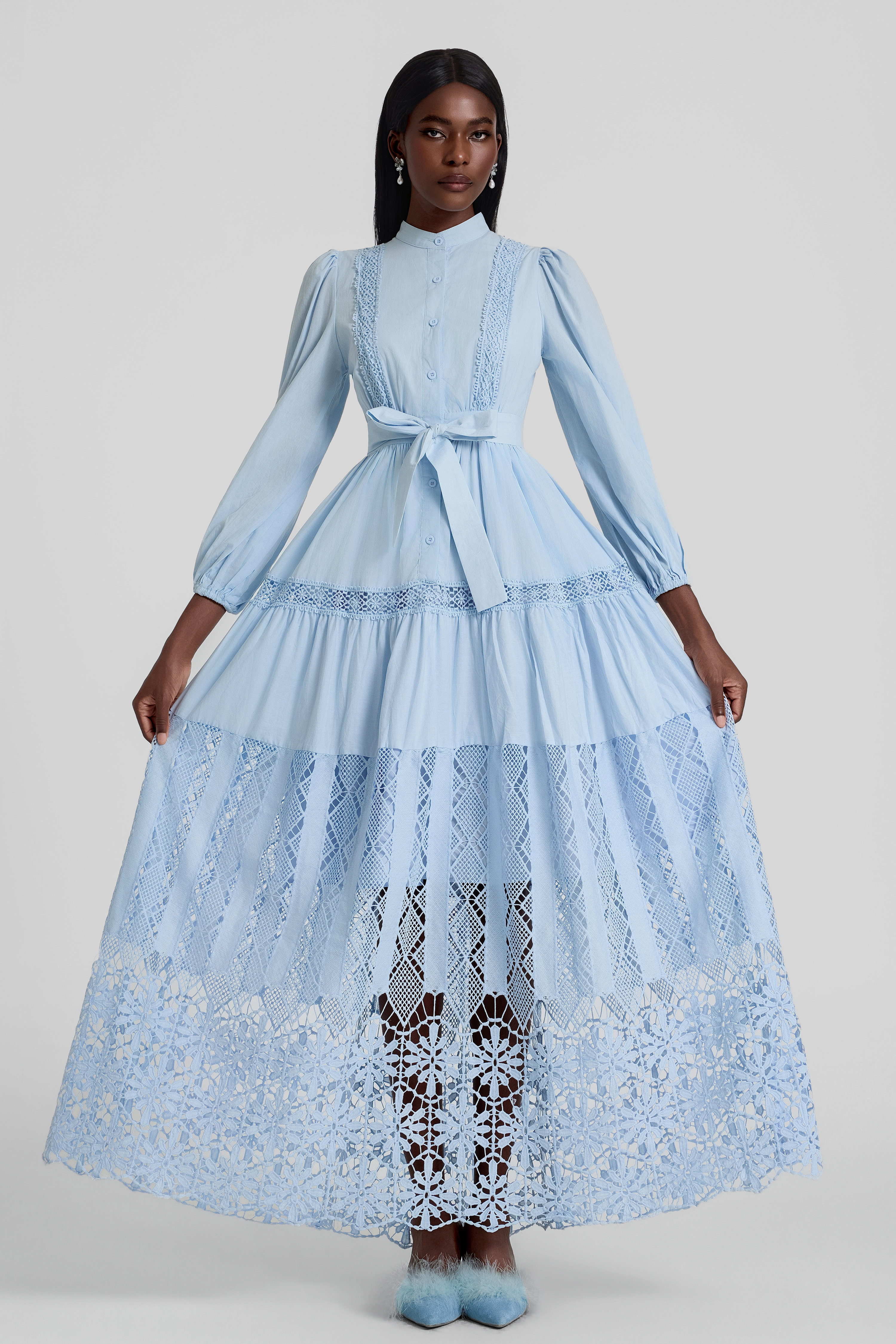 Lace Lantern Sleeve Button Maxi Dress