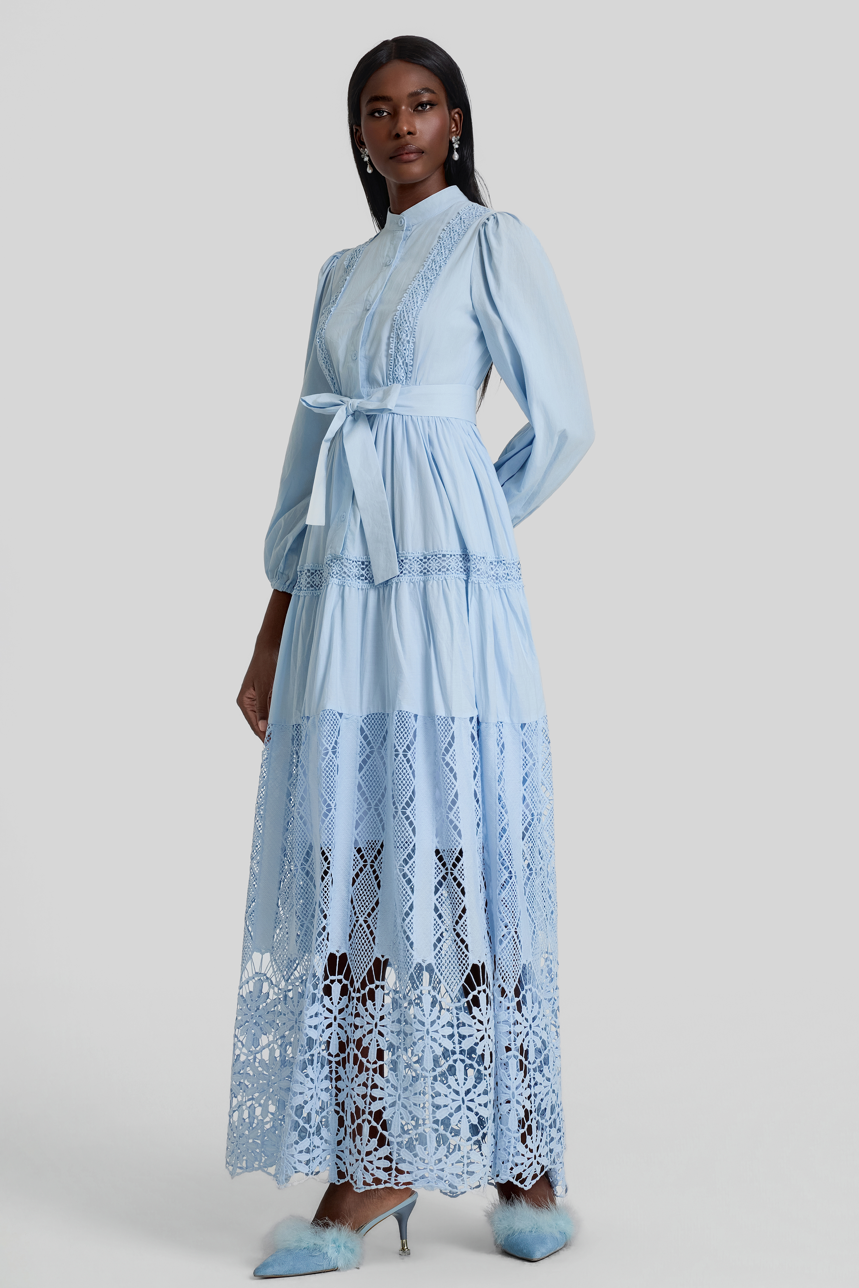 Lace Lantern Sleeve Button Maxi Dress