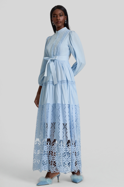 Lace Lantern Sleeve Button Maxi Dress