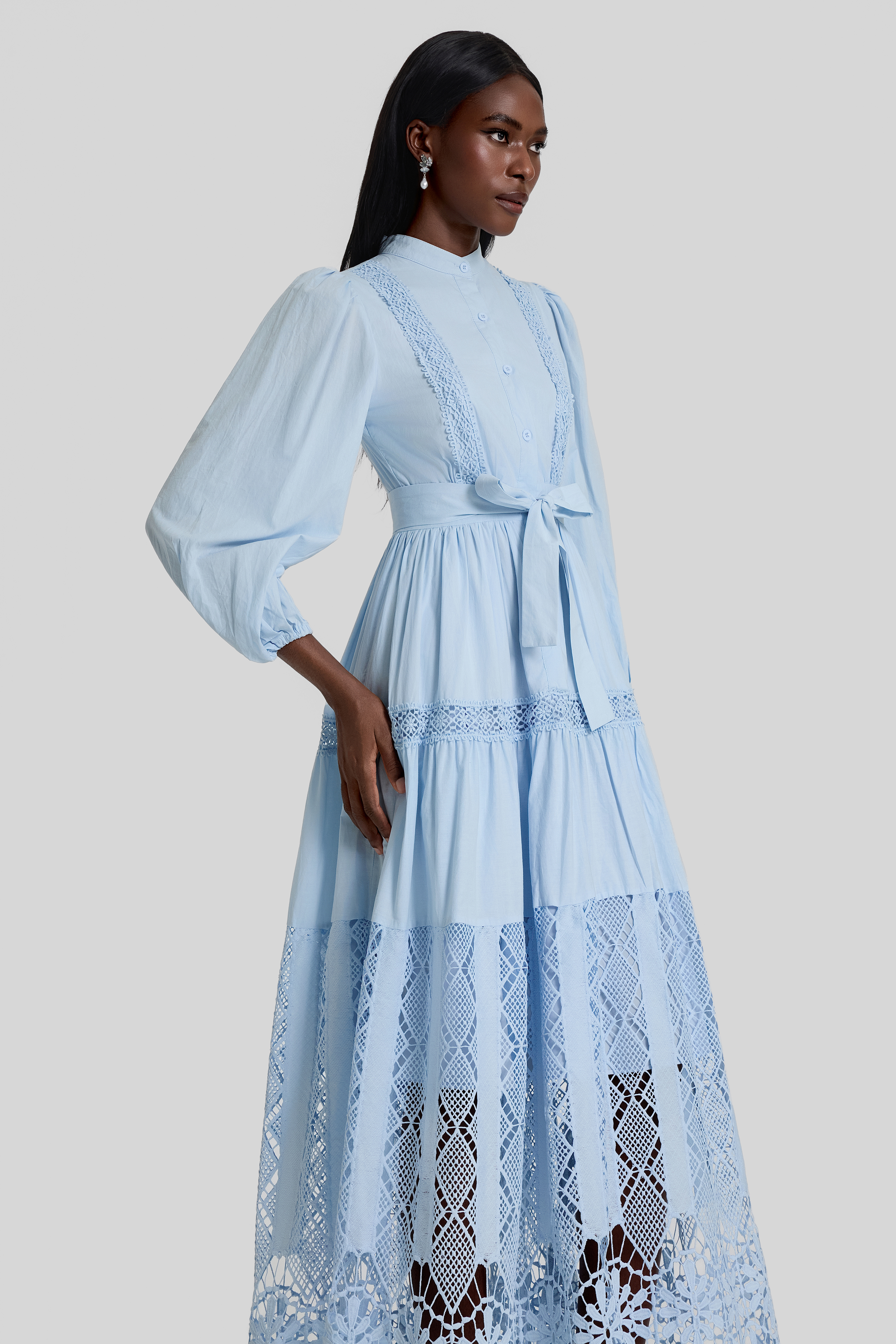 Lace Lantern Sleeve Button Maxi Dress