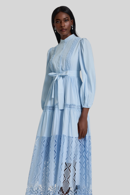 Lace Lantern Sleeve Button Maxi Dress