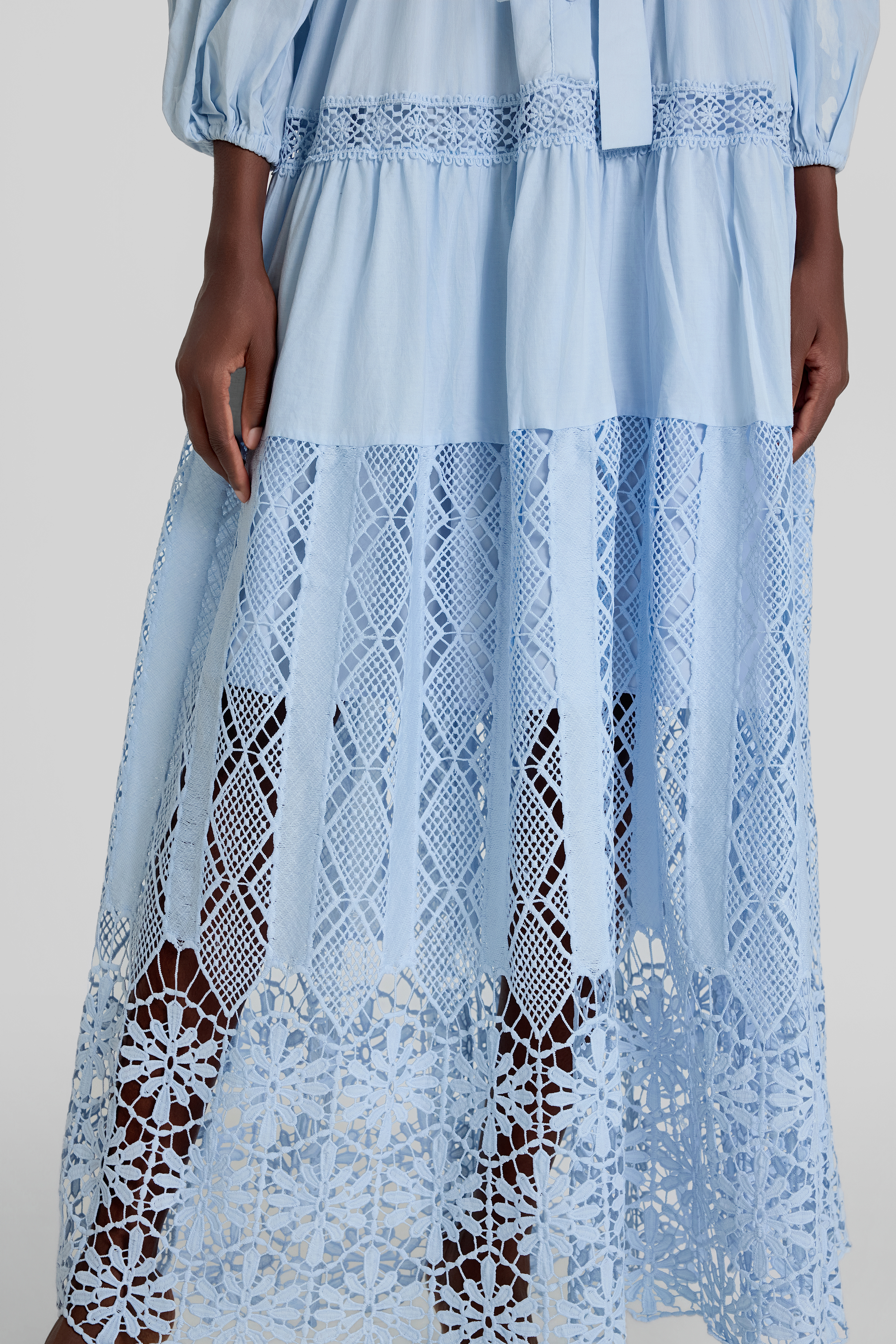 Lace Lantern Sleeve Button Maxi Dress