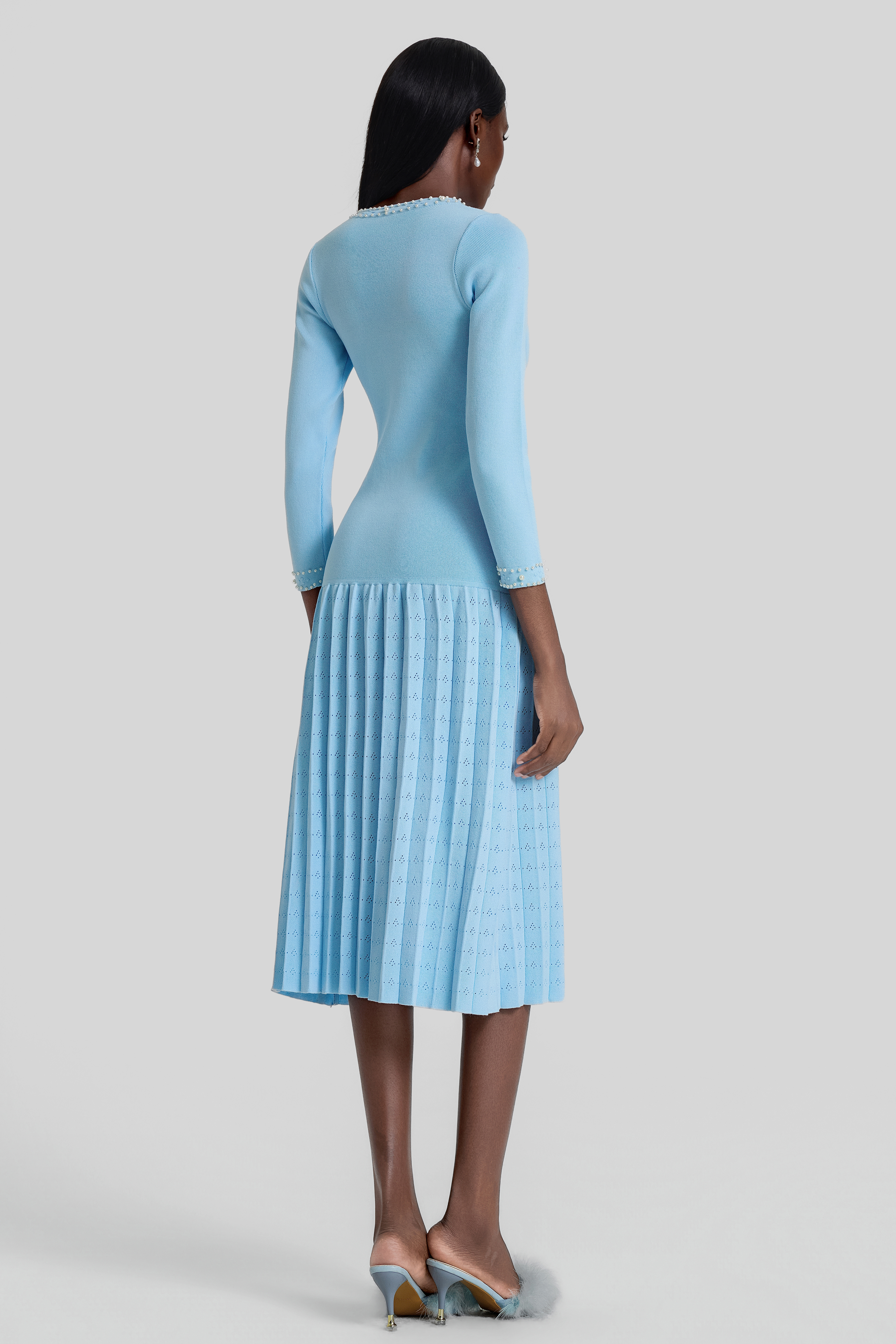 Knit Pleated Faux Pearl Midi Dress