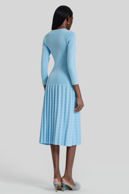 Knit Pleated Faux Pearl Midi Dress