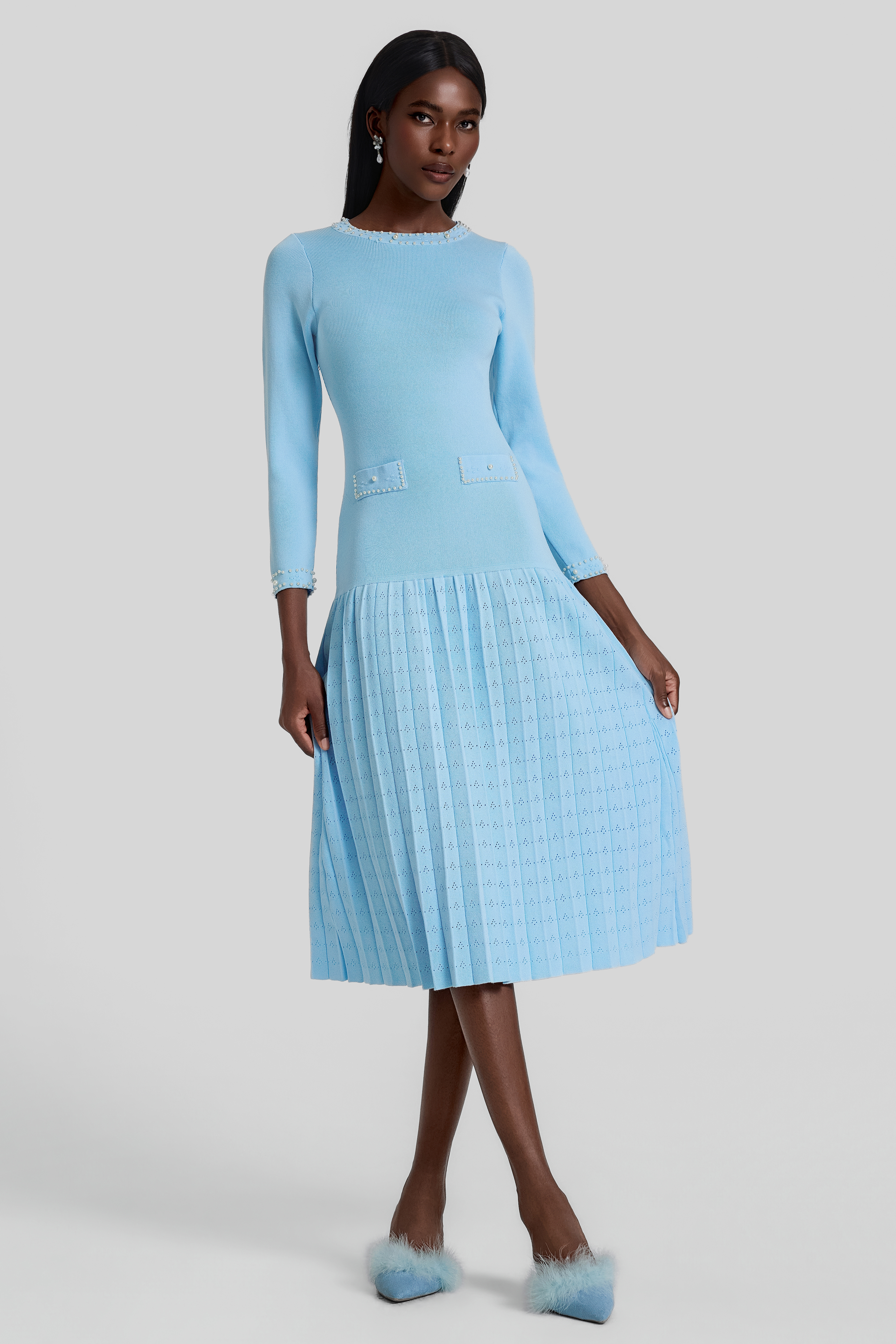 Knit Pleated Faux Pearl Midi Dress