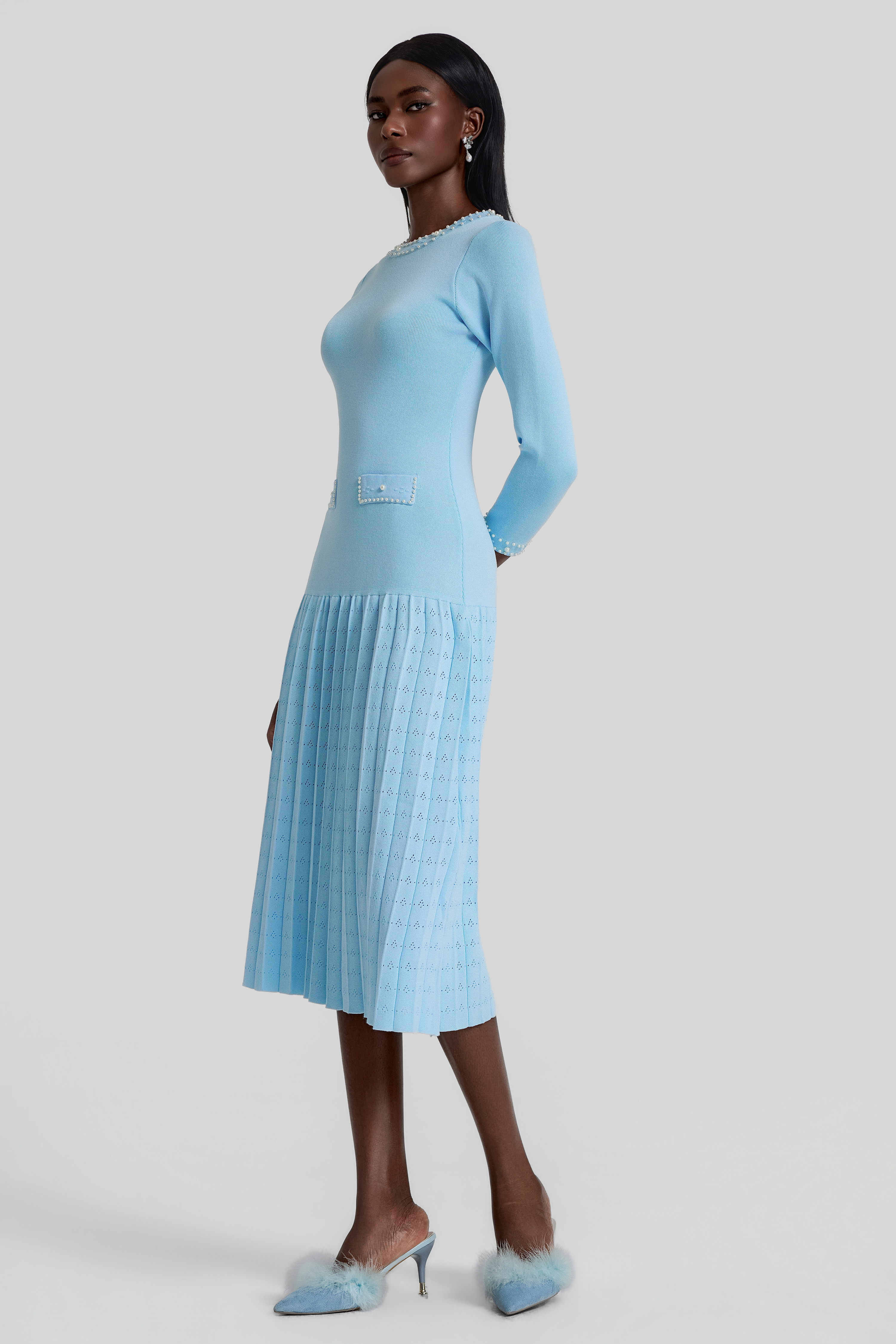 Knit Pleated Faux Pearl Midi Dress