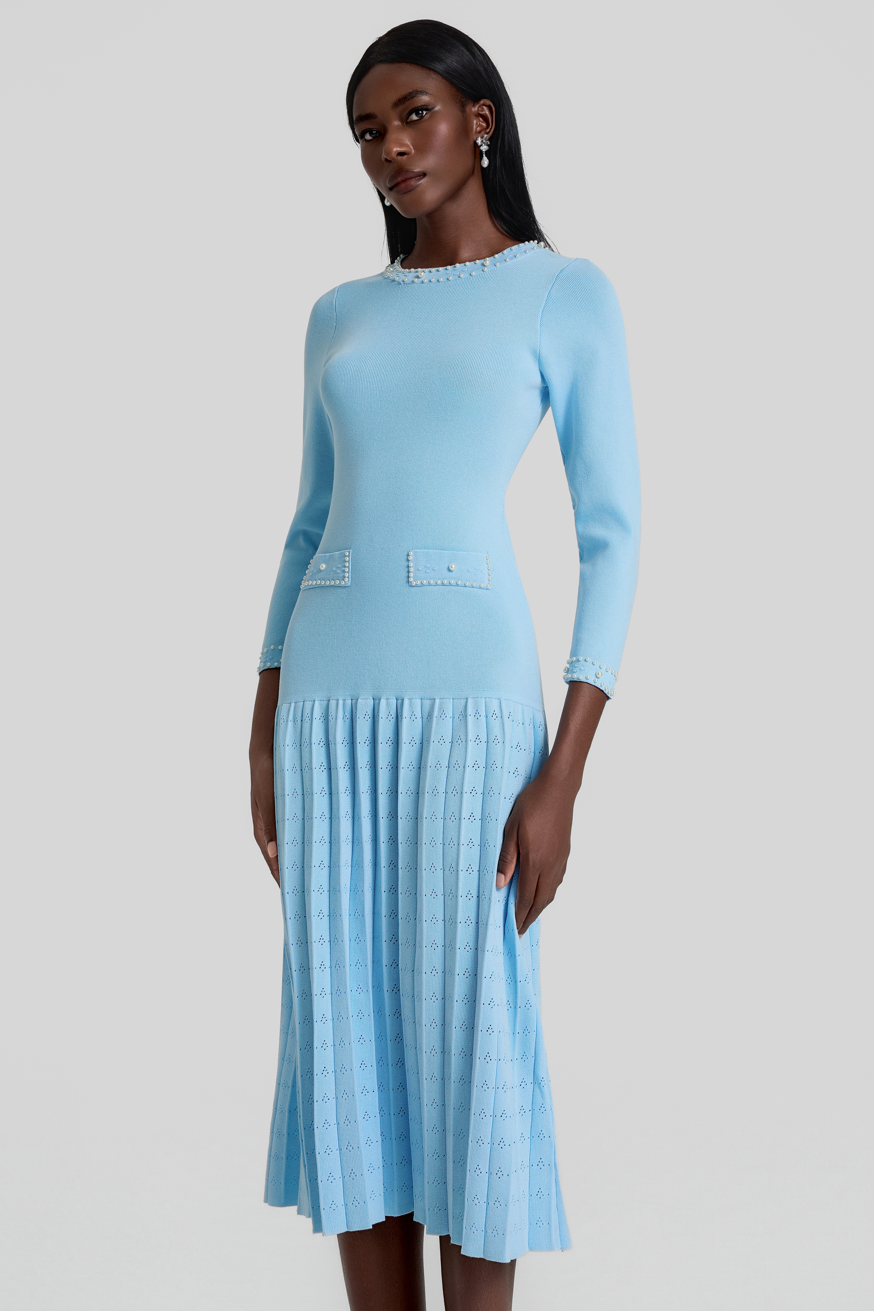 Knit Pleated Faux Pearl Midi Dress