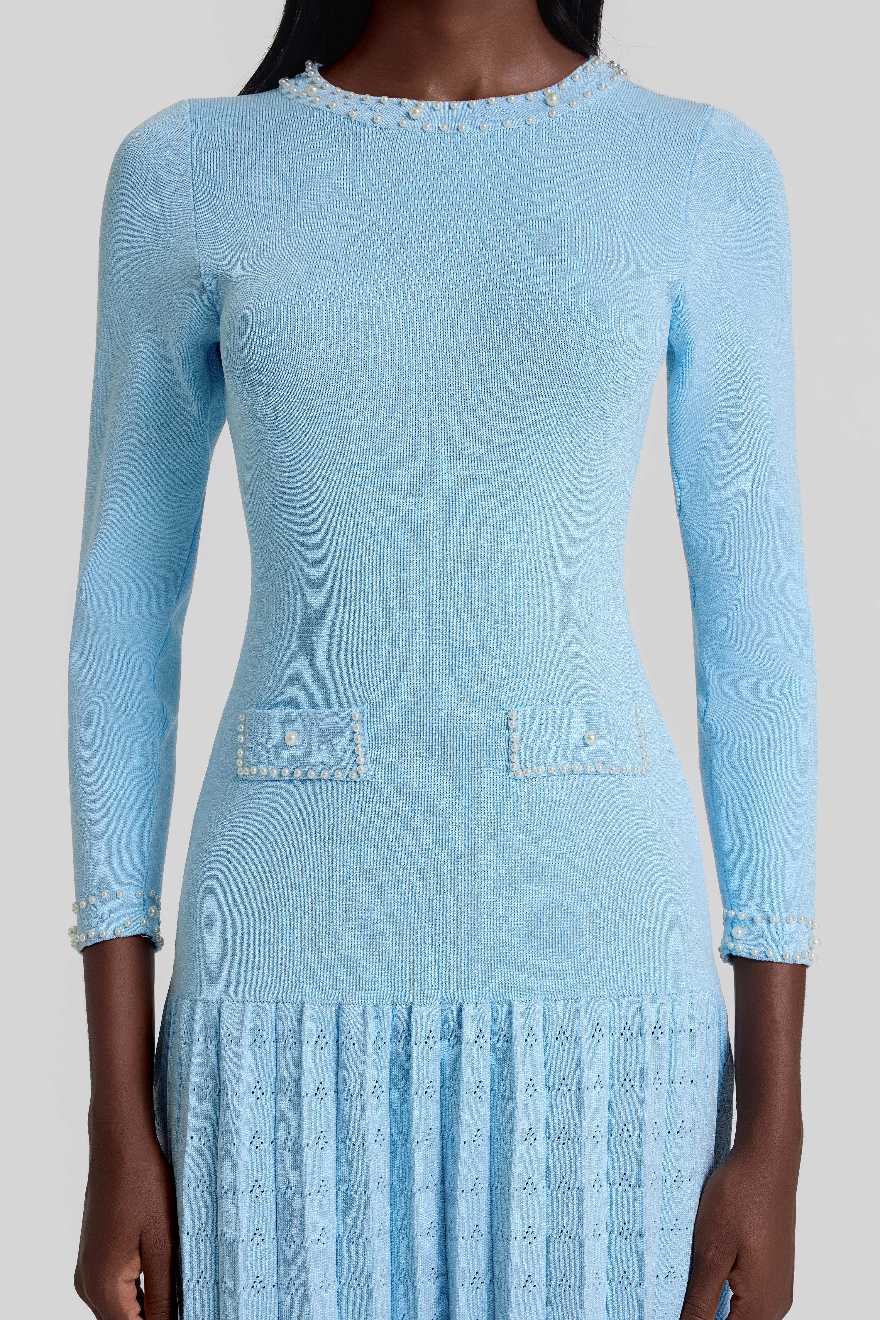 Knit Pleated Faux Pearl Midi Dress