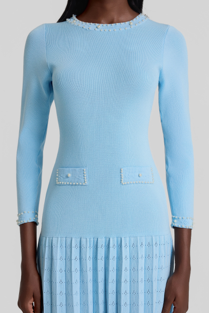 Knit Pleated Faux Pearl Midi Dress