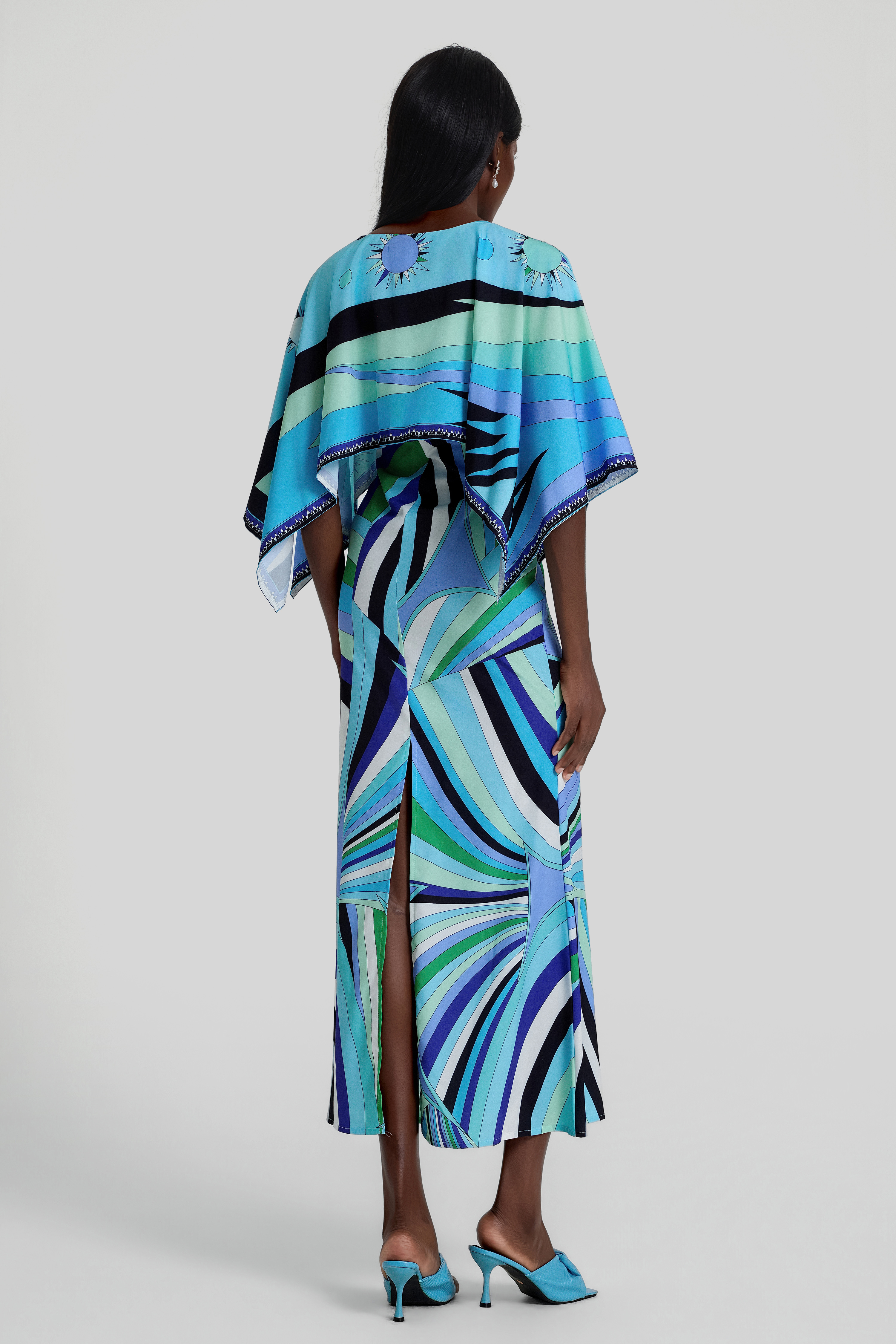 Abstract Print Cape Sleeve Midi Dress
