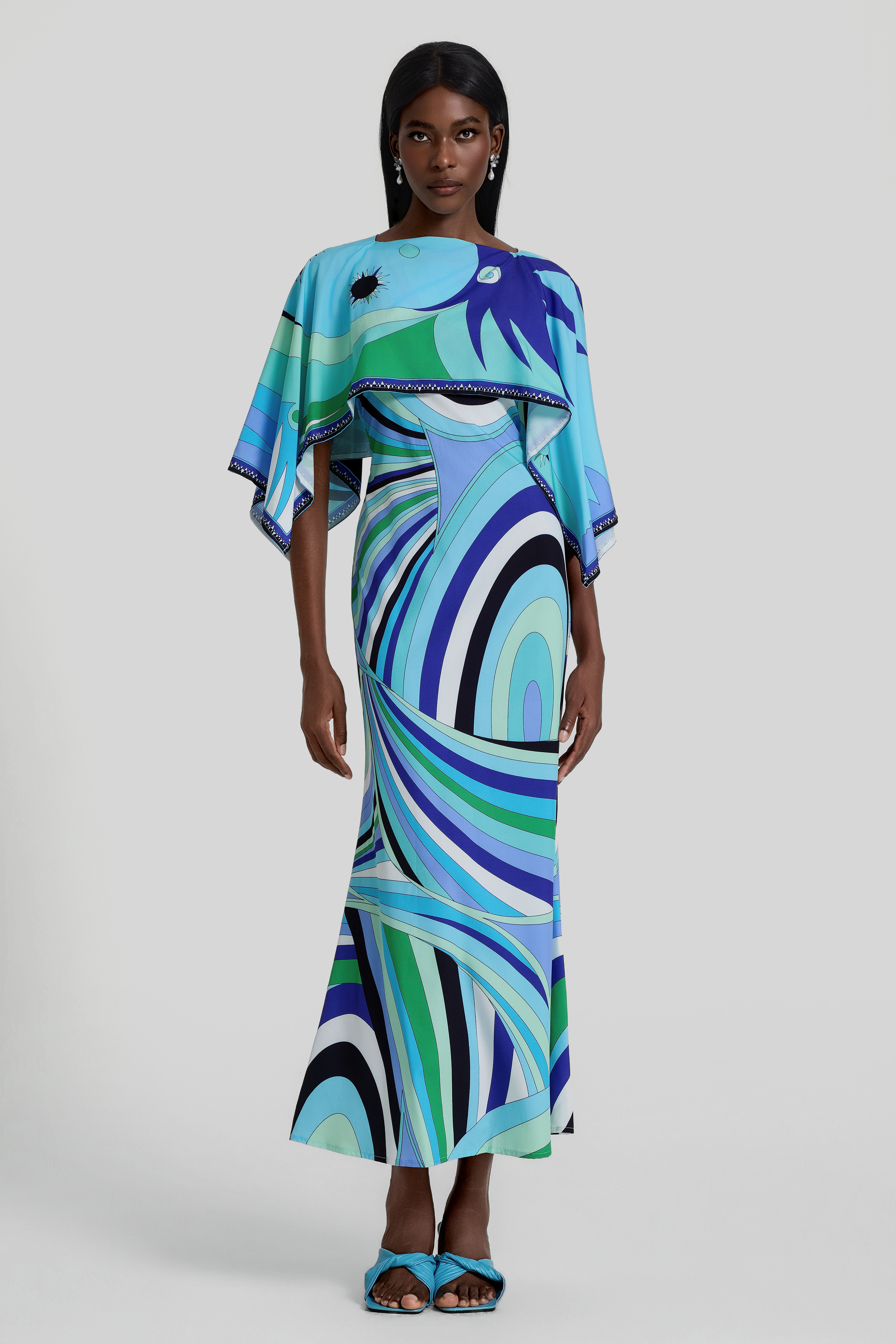 Abstract Print Cape Sleeve Midi Dress