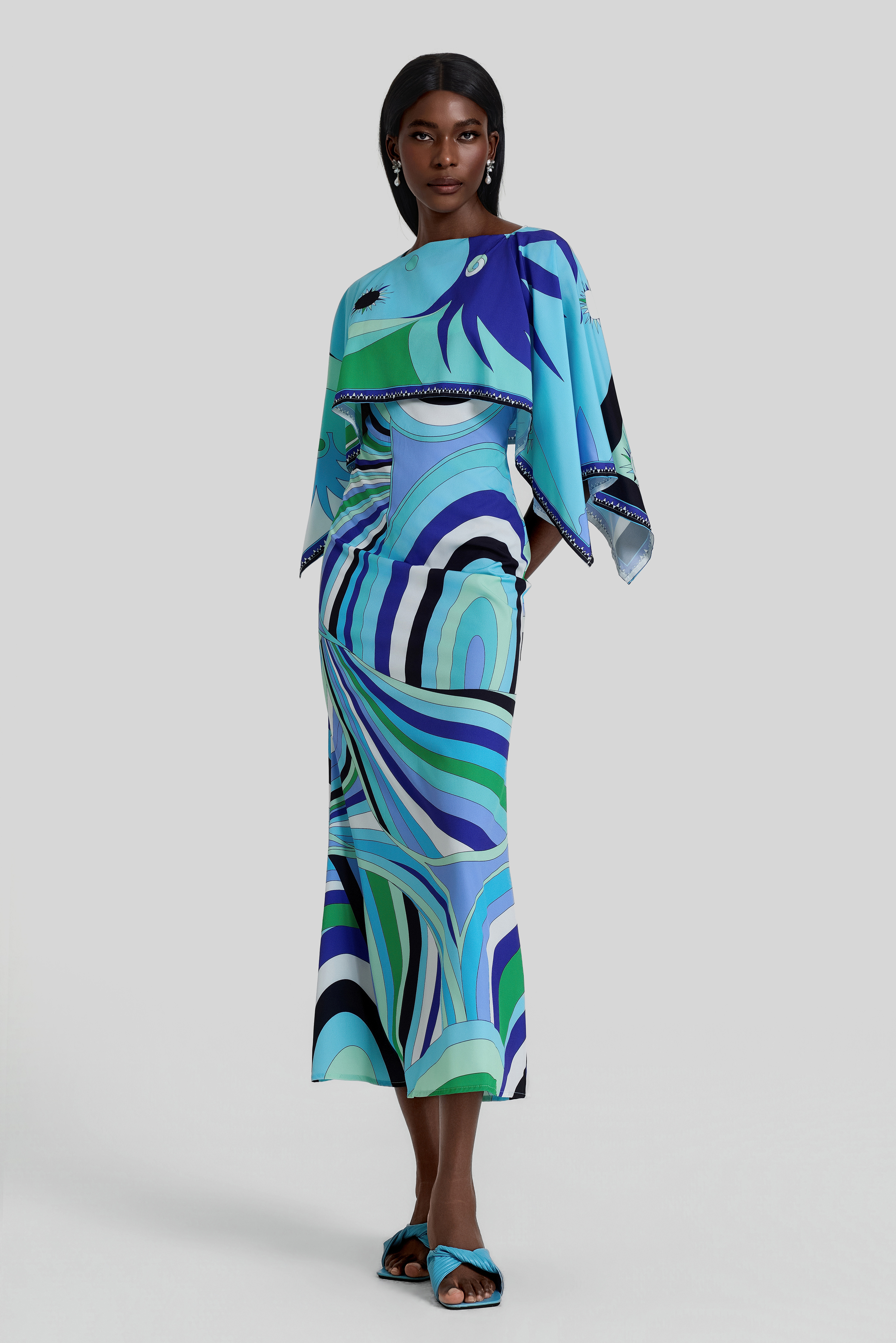 Abstract Print Cape Sleeve Midi Dress