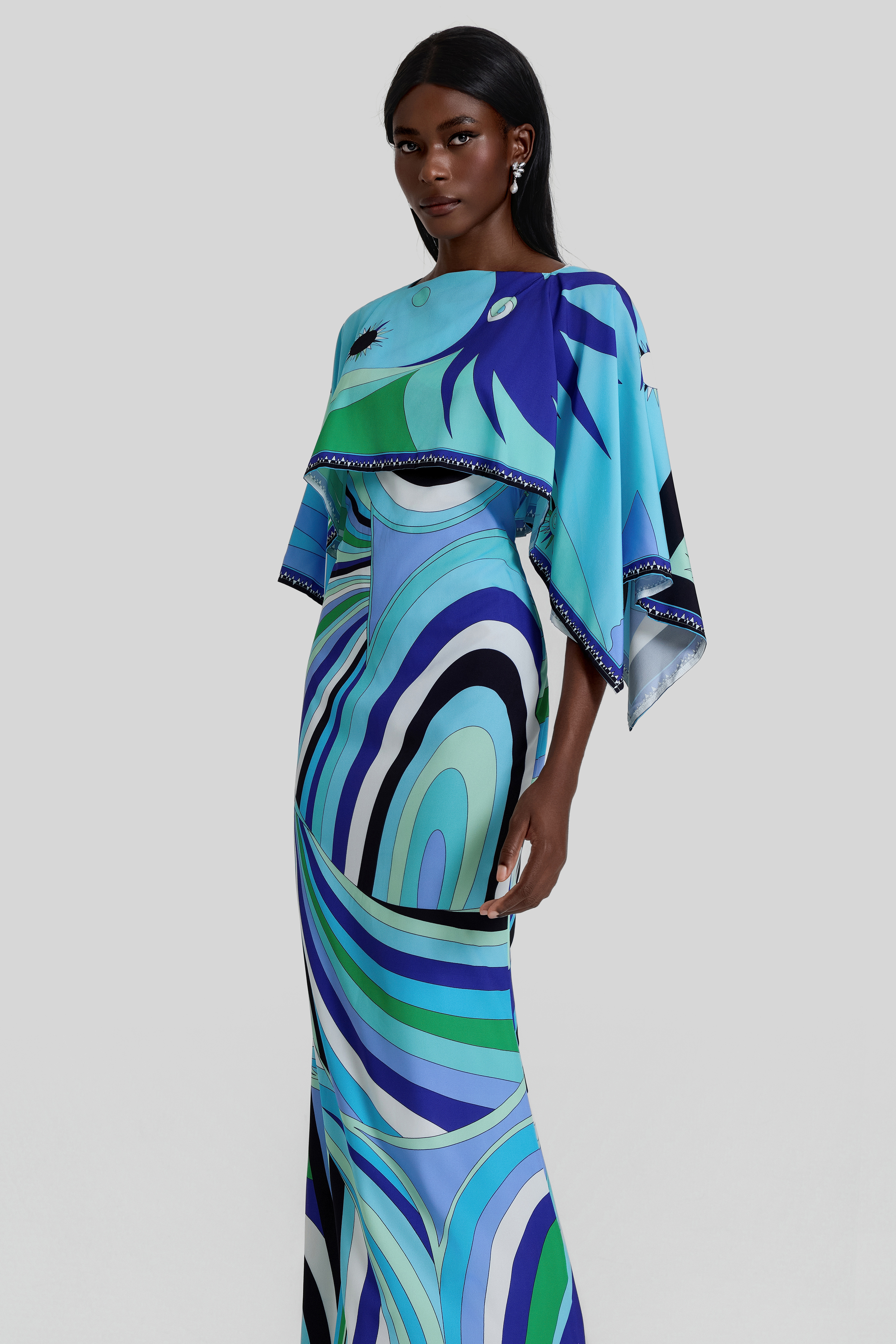 Abstract Print Cape Sleeve Midi Dress
