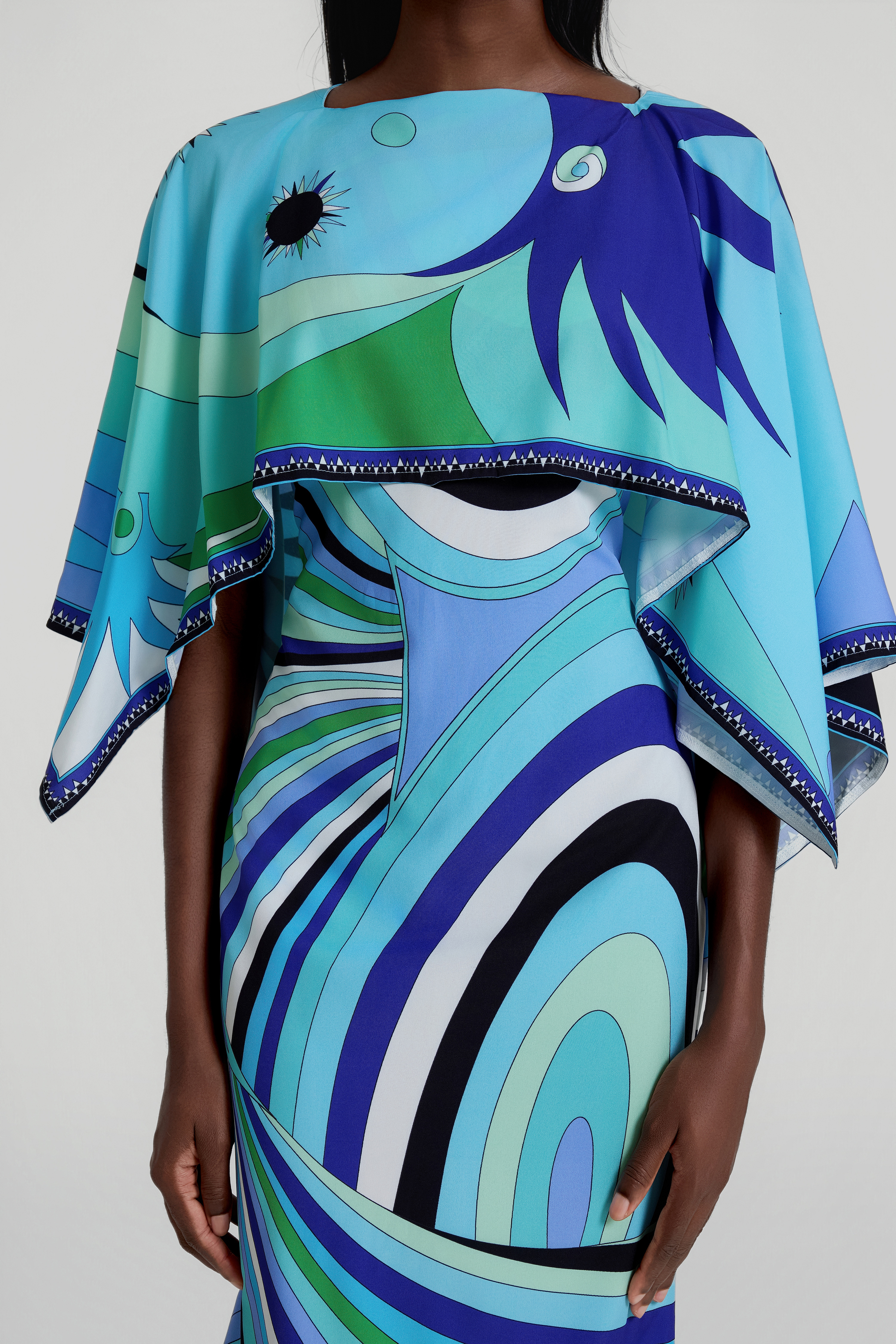 Abstract Print Cape Sleeve Midi Dress