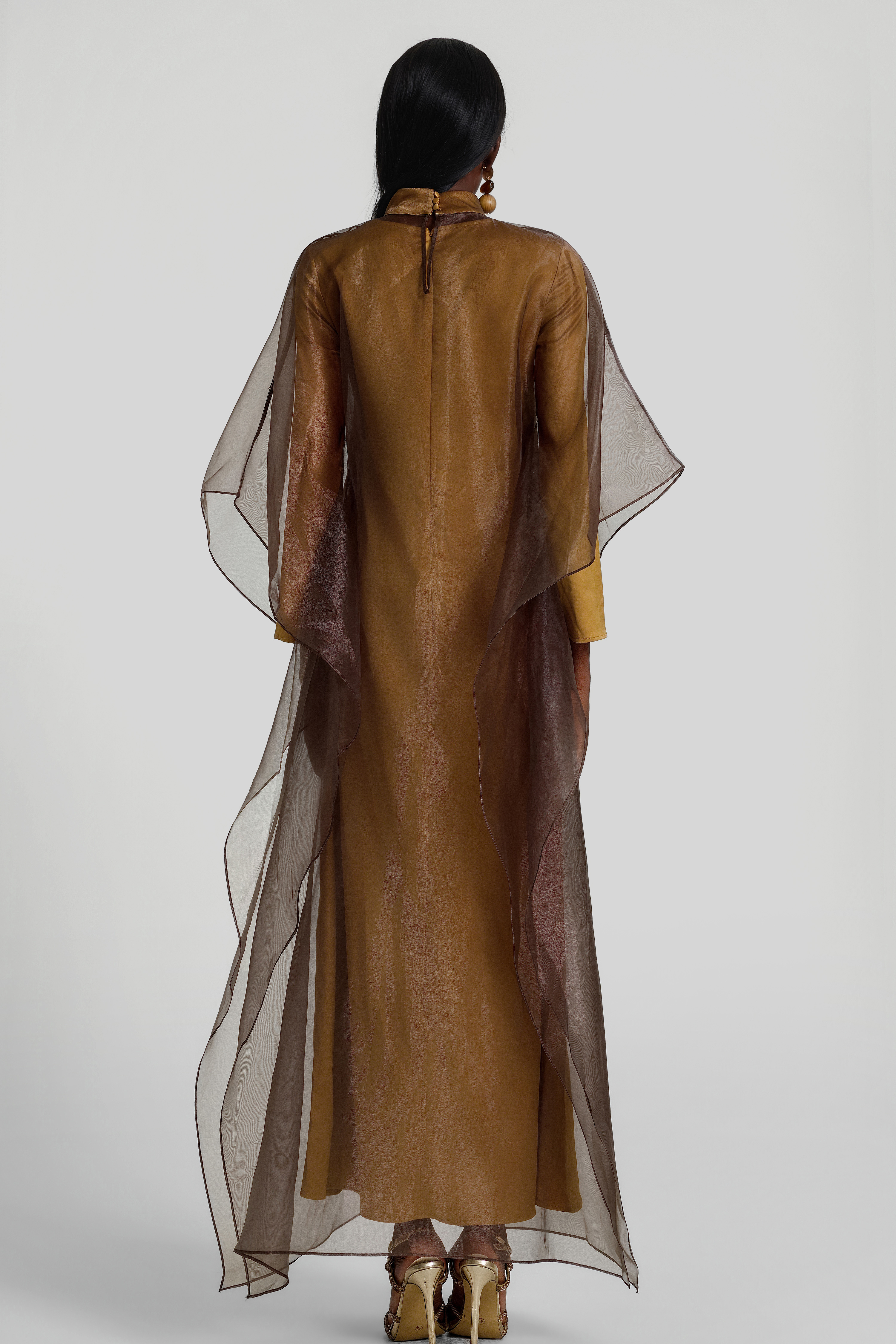 Organza Stand Collar Maxi Dress With Cape