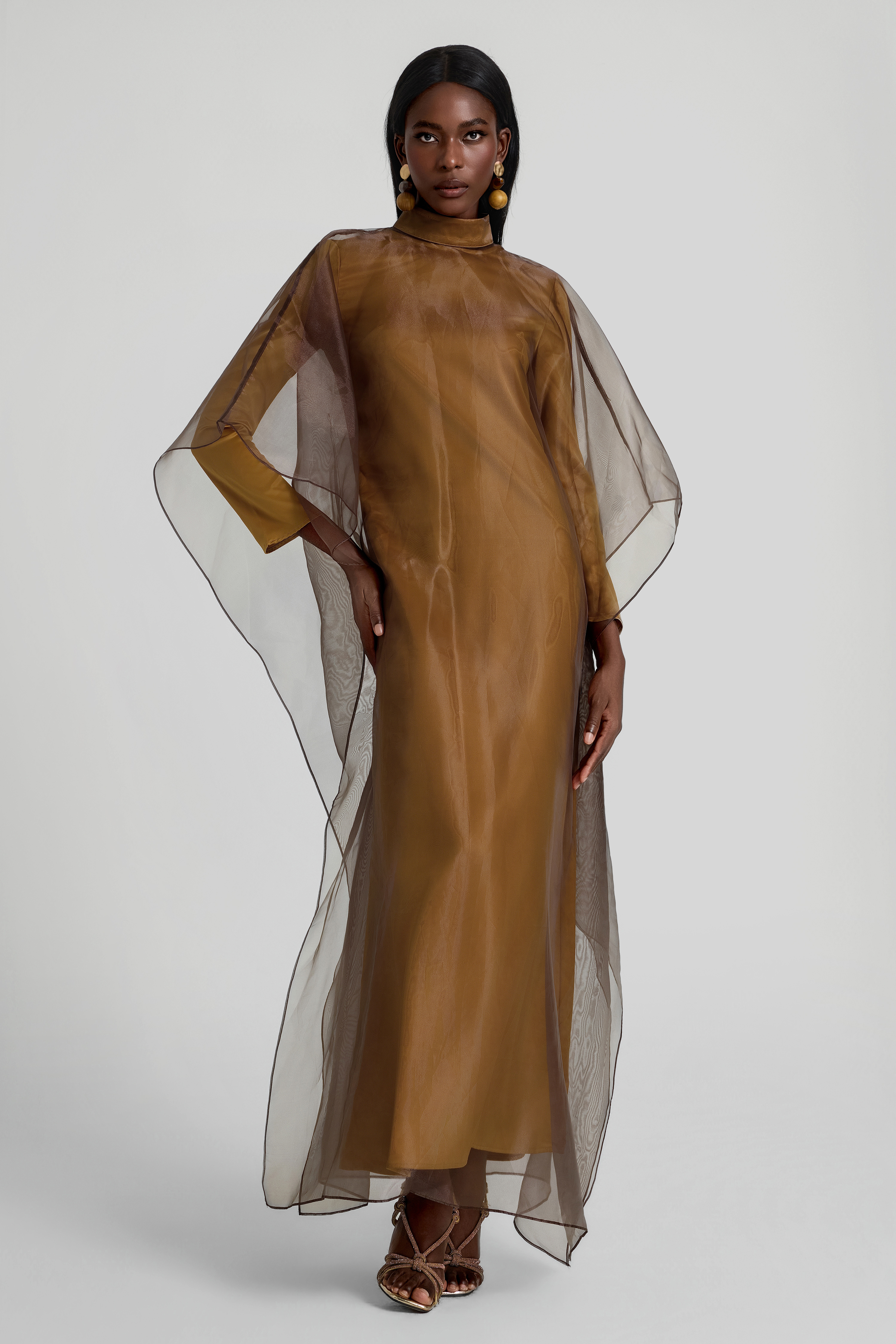 Organza Stand Collar Maxi Dress With Cape