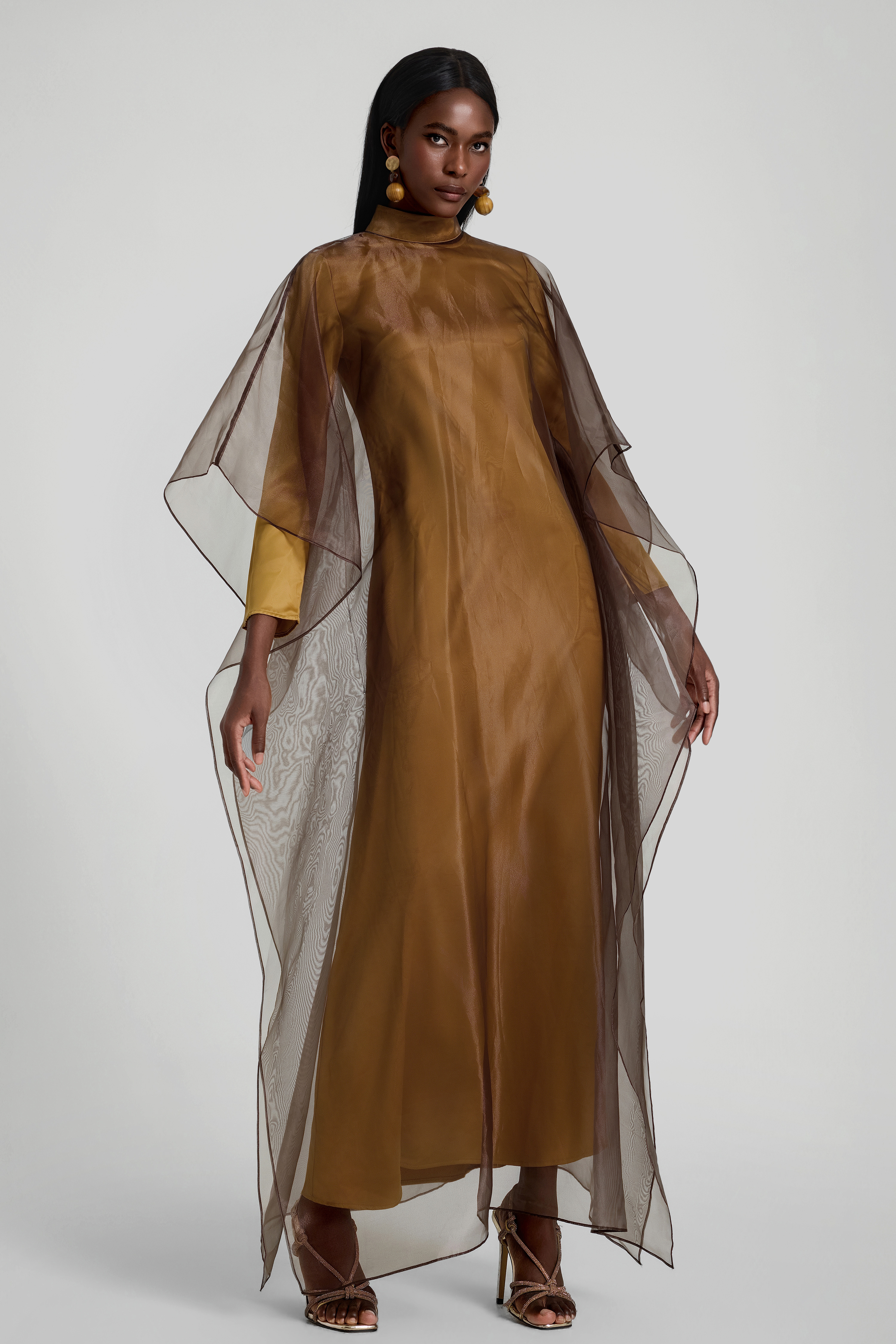 Organza Stand Collar Maxi Dress With Cape