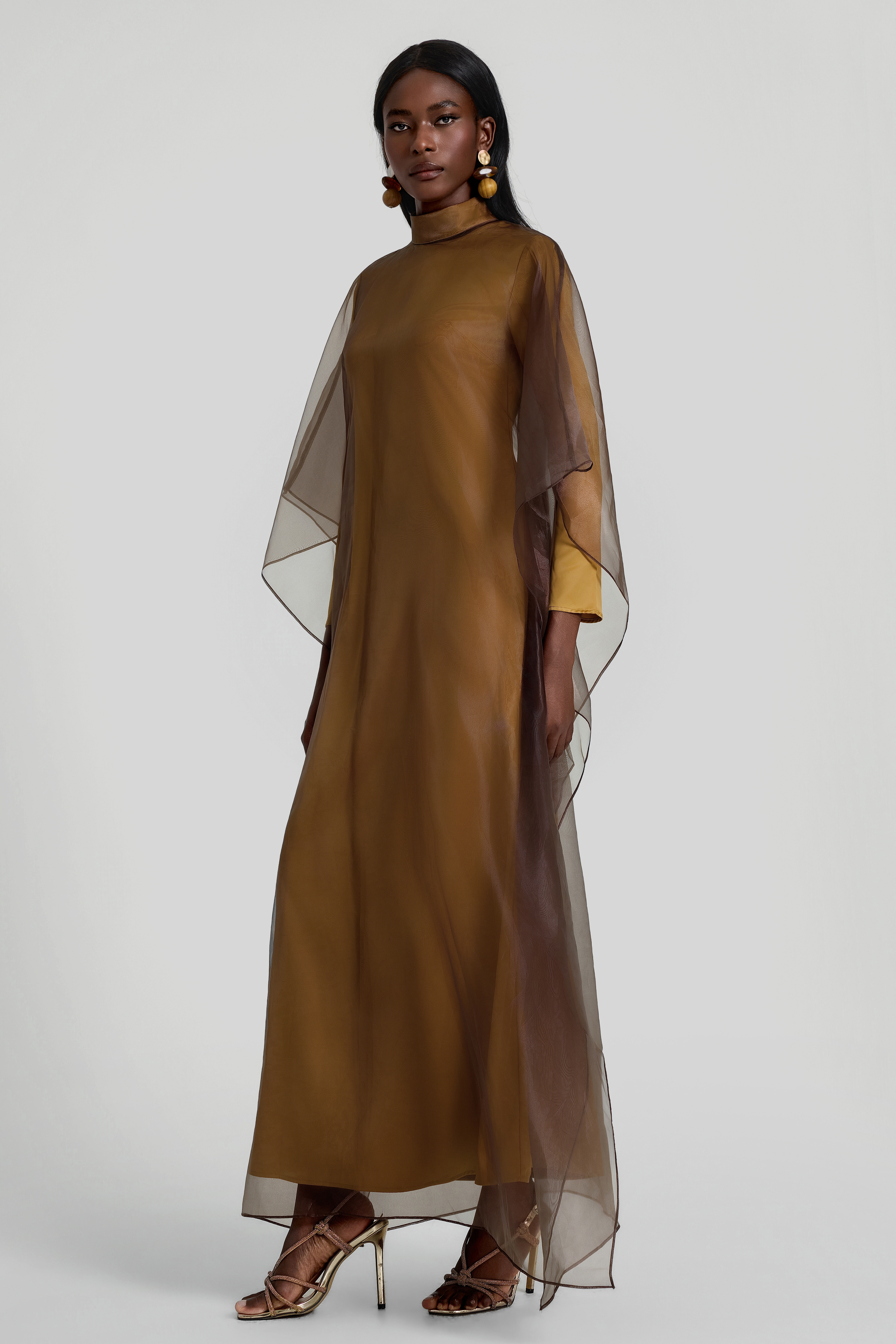 Organza Stand Collar Maxi Dress With Cape