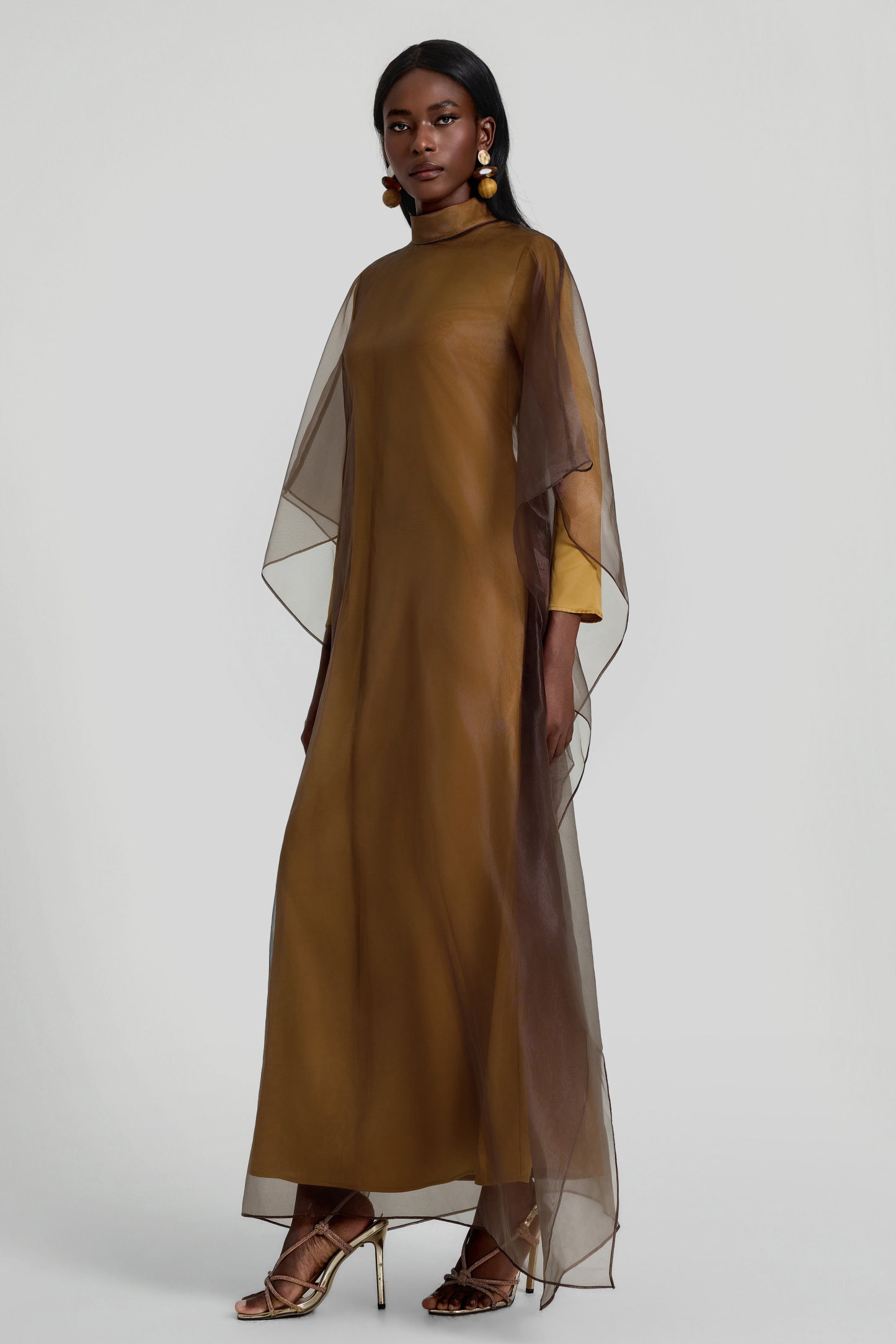 Organza Stand Collar Maxi Dress With Cape
