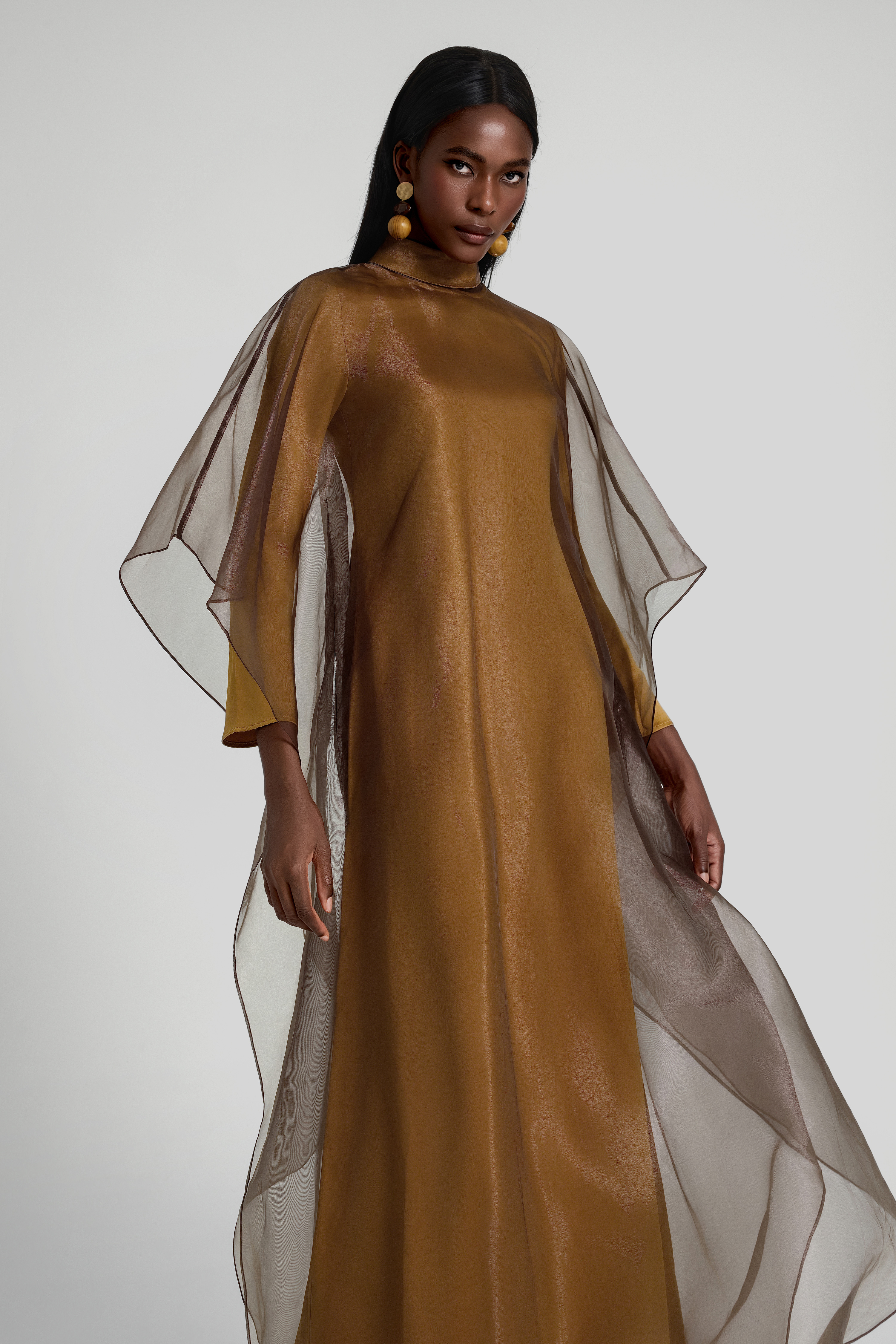 Organza Stand Collar Maxi Dress With Cape