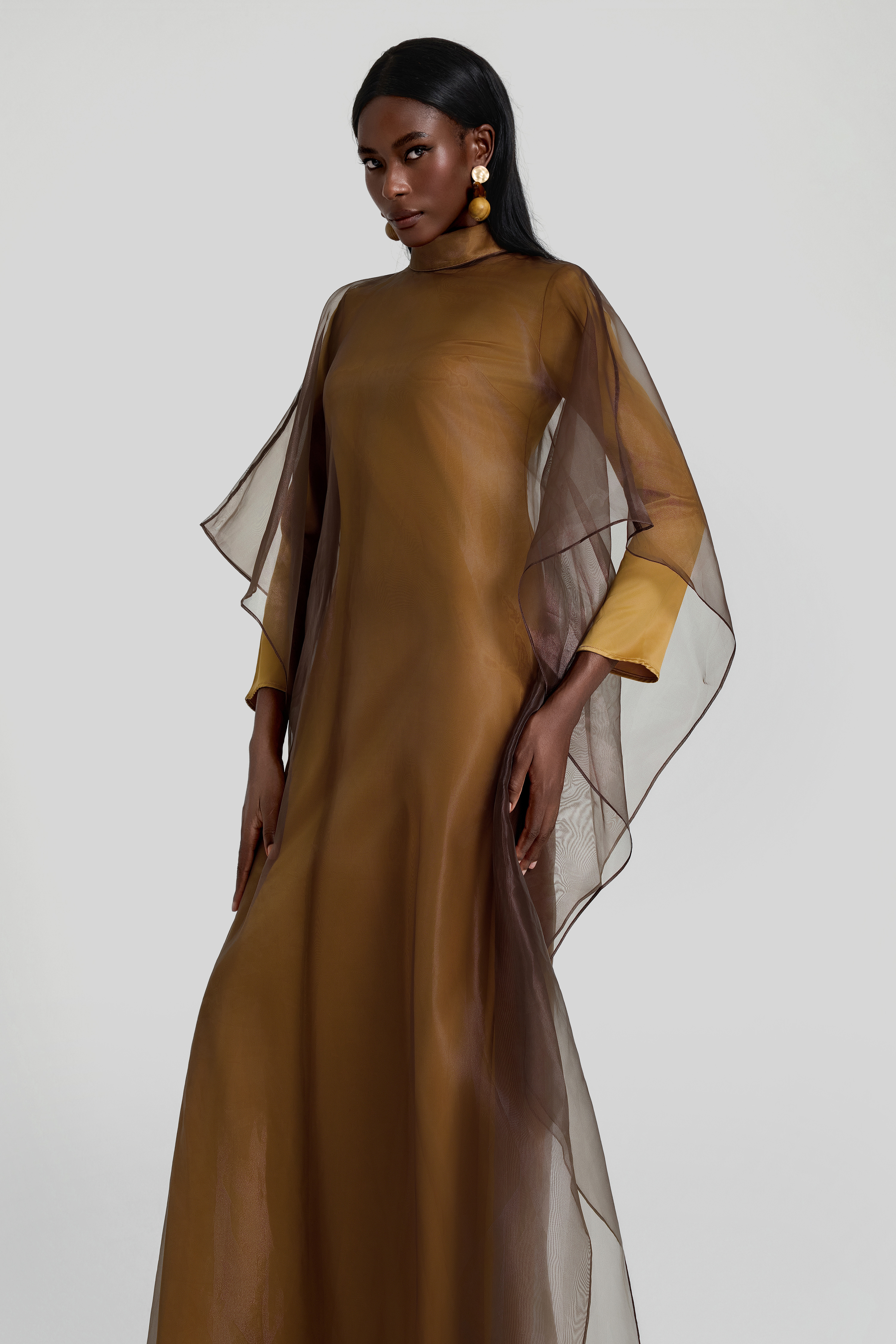 Organza Stand Collar Maxi Dress With Cape