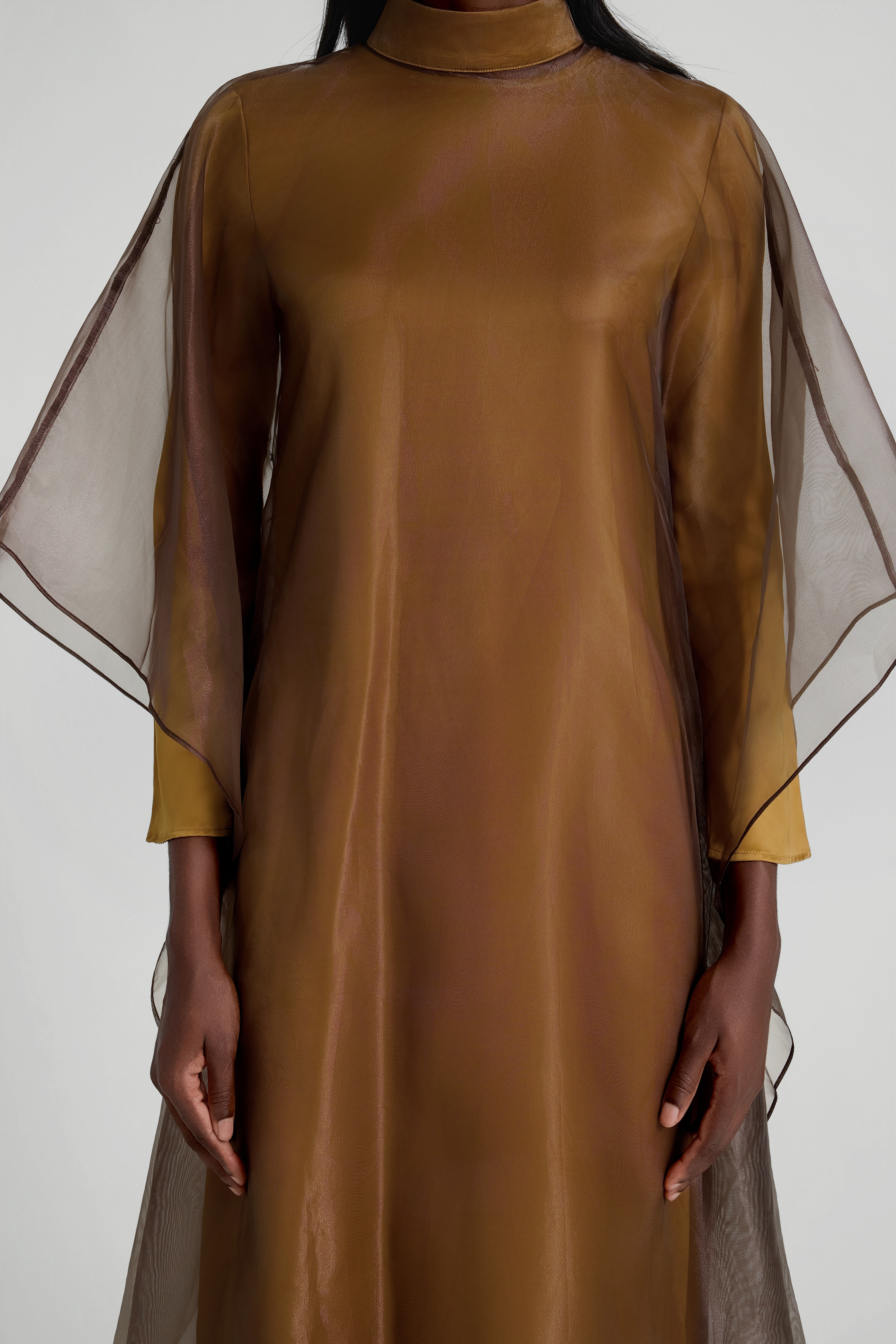 Organza Stand Collar Maxi Dress With Cape