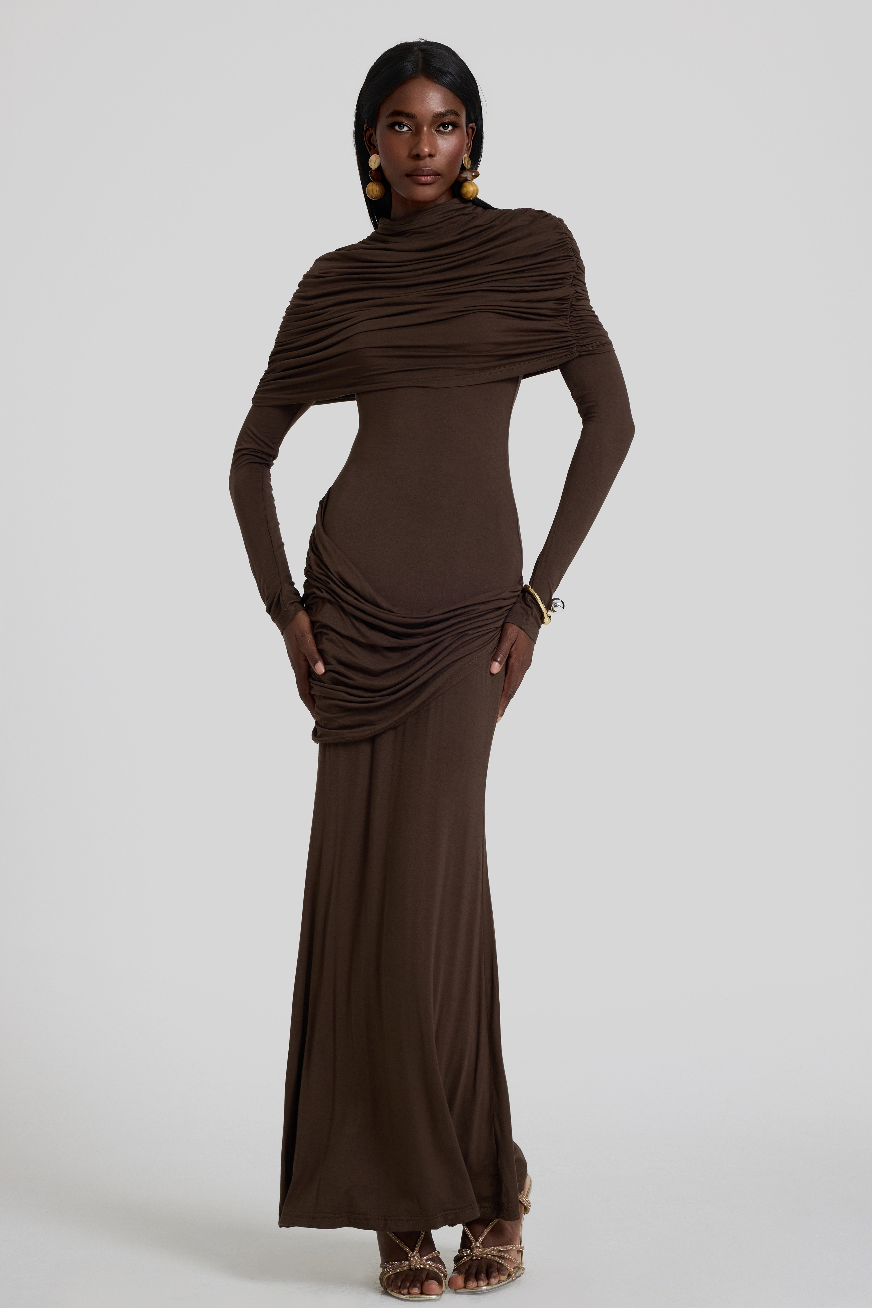 Gathering Long Sleeve Maxi Dress With Cape
