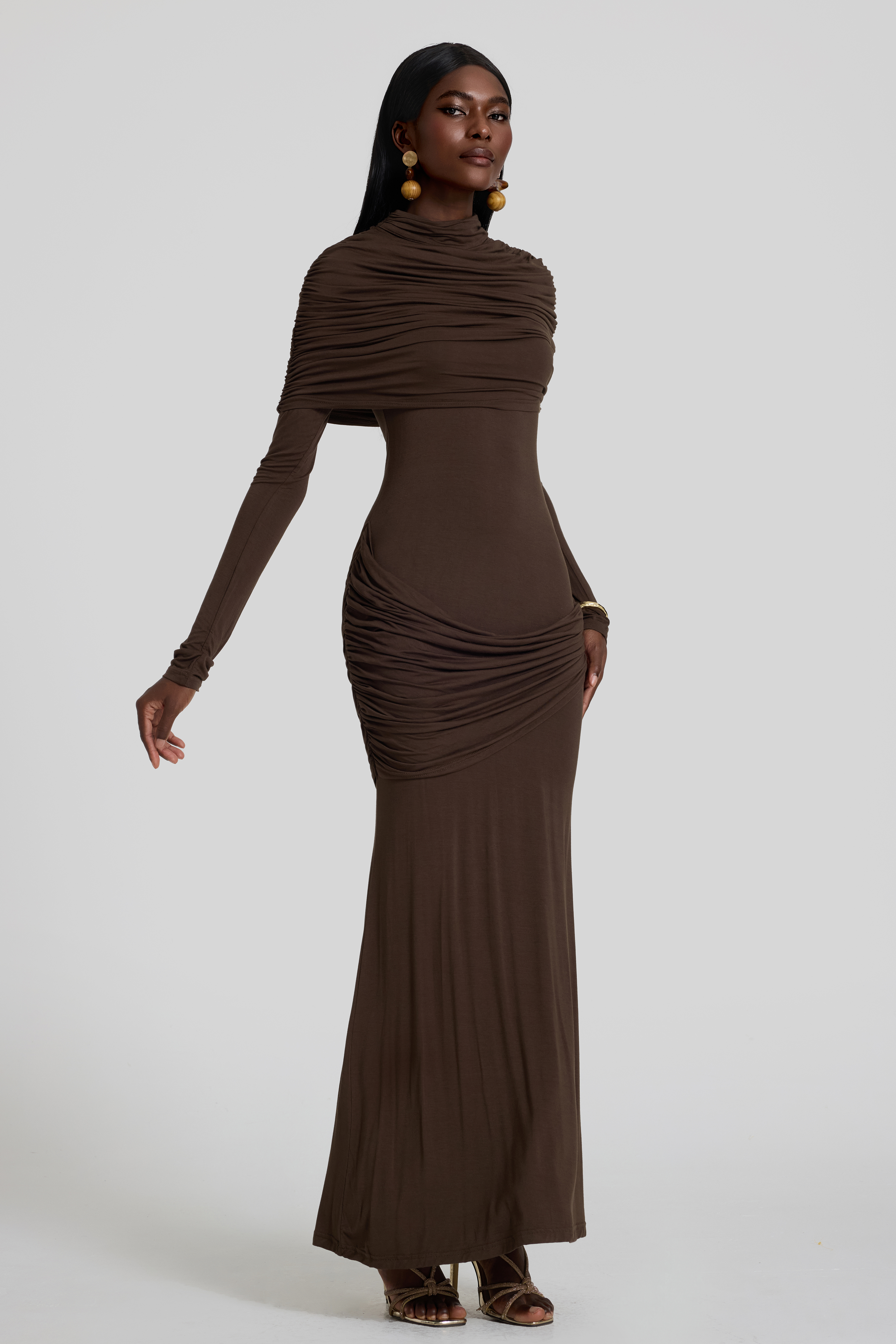 Gathering Long Sleeve Maxi Dress With Cape