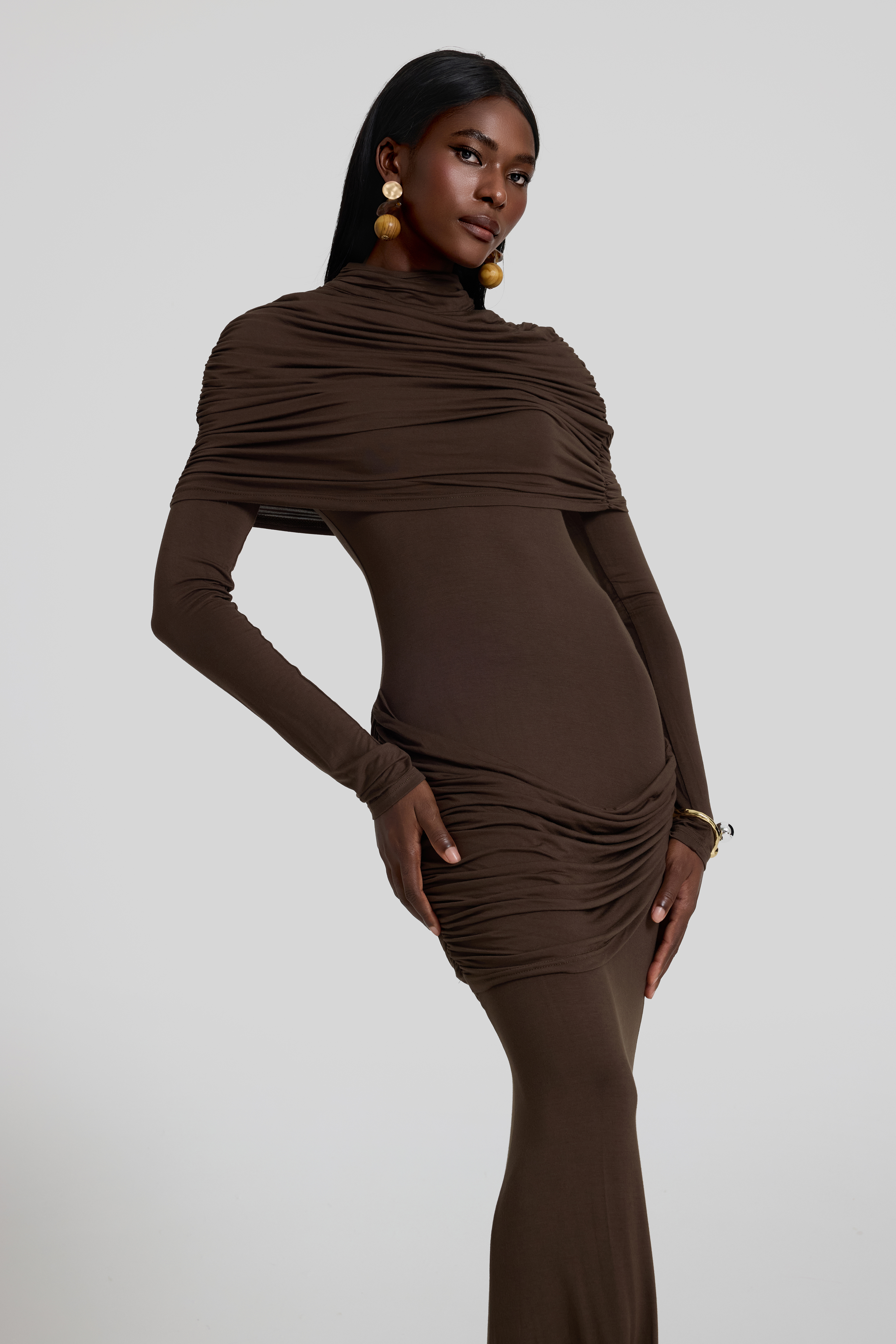 Gathering Long Sleeve Maxi Dress With Cape