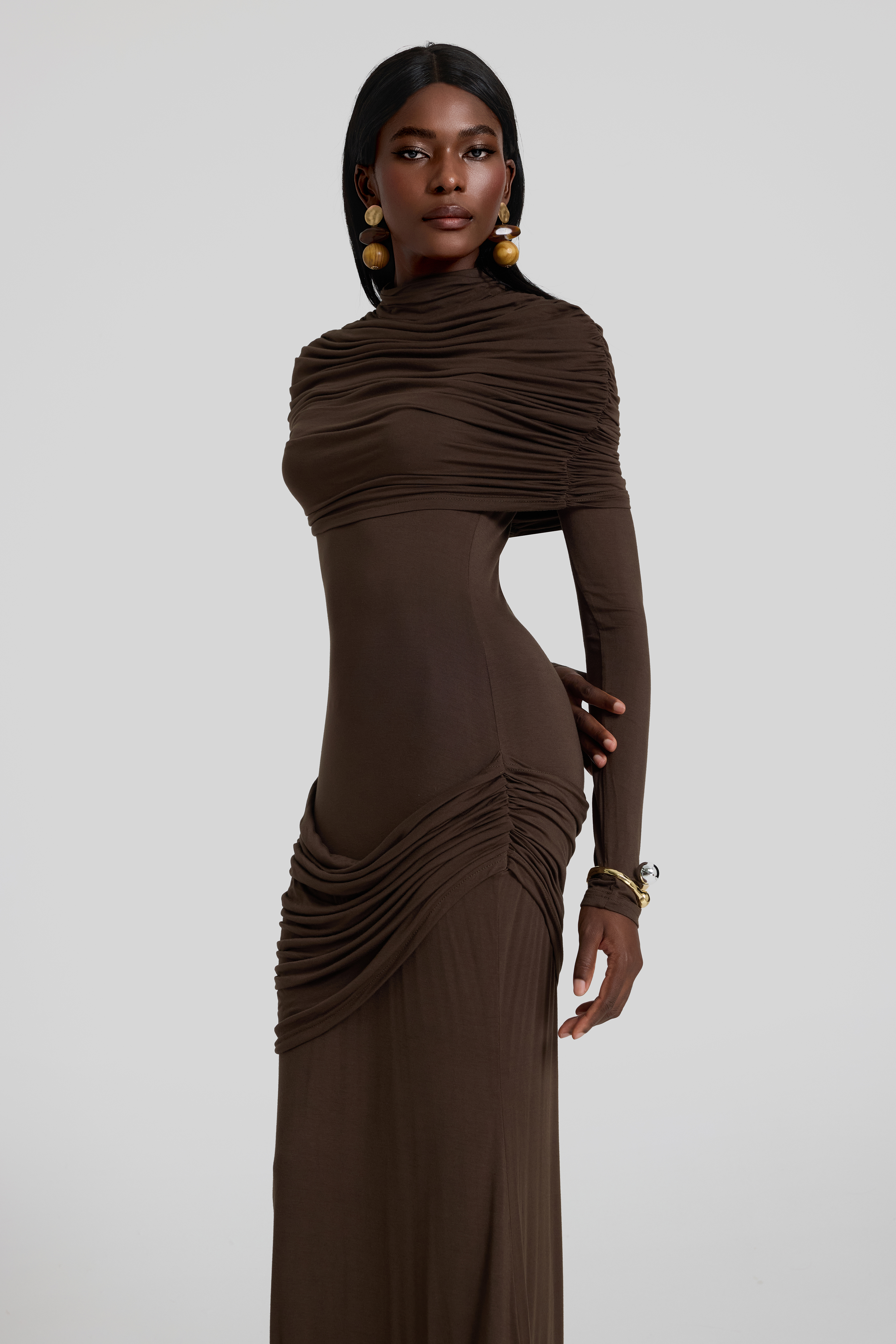 Gathering Long Sleeve Maxi Dress With Cape