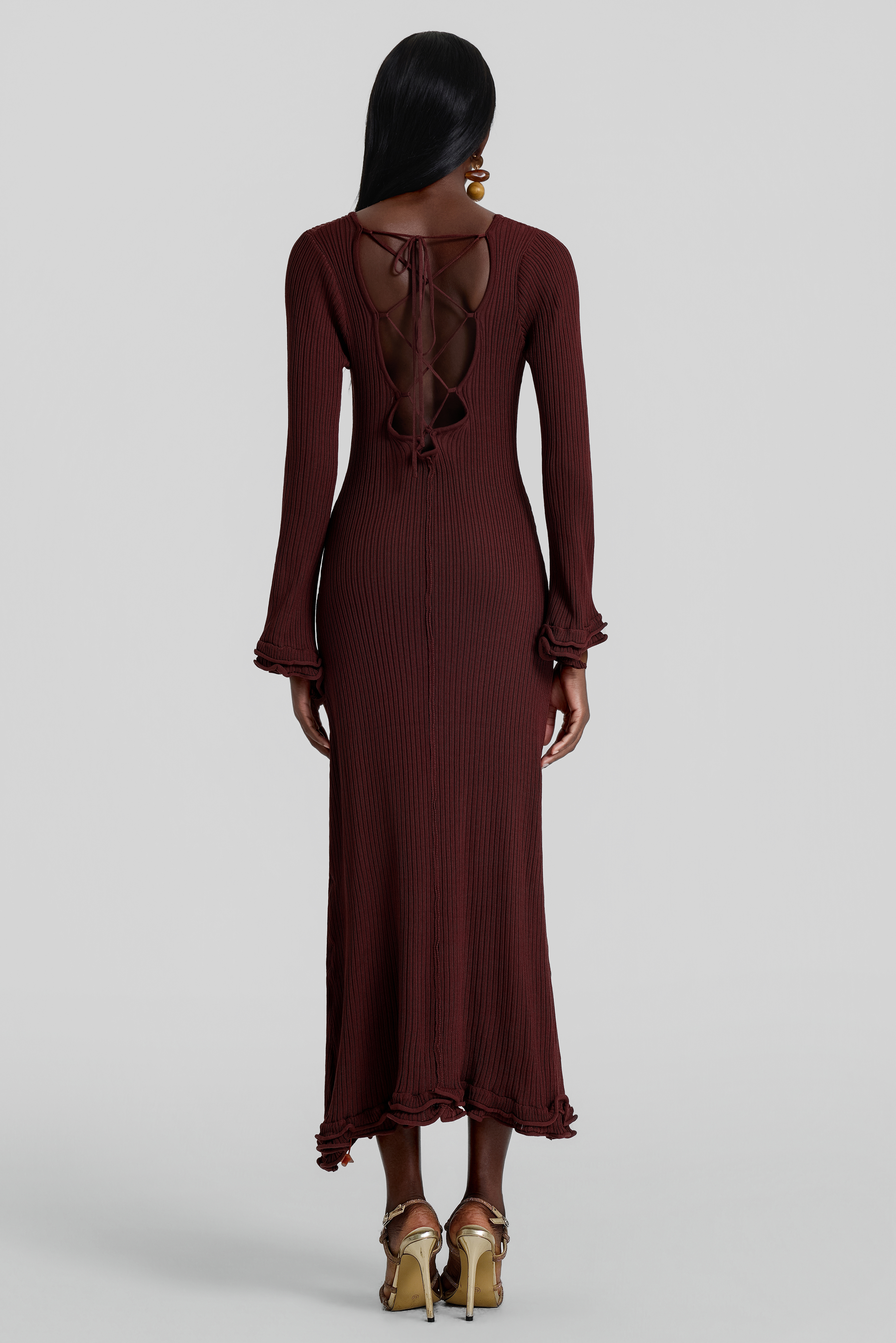 Frill Backless Lace-Up Maxi Dress