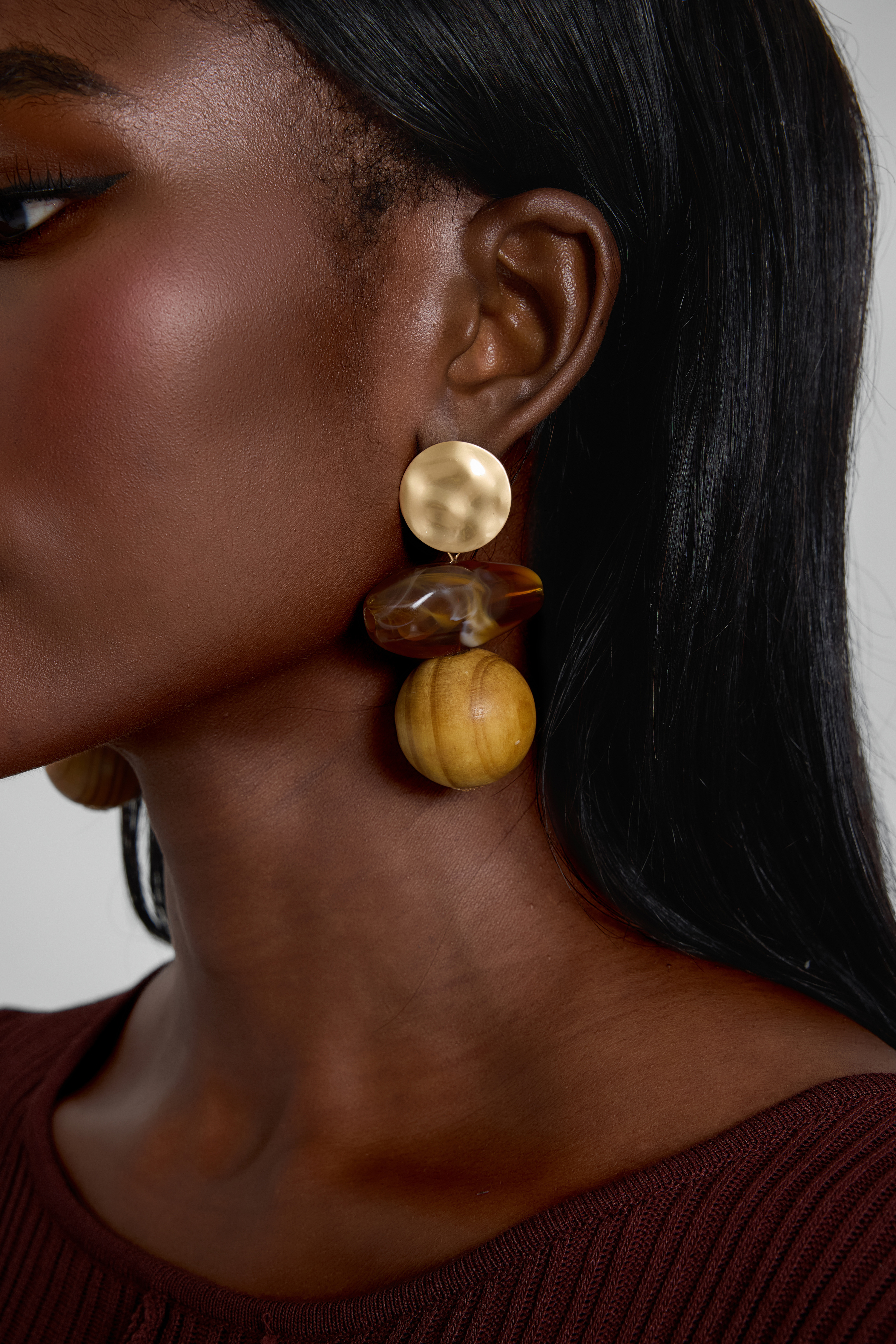 Vintage Wood Resin Bead Tiered Drop Earrings
