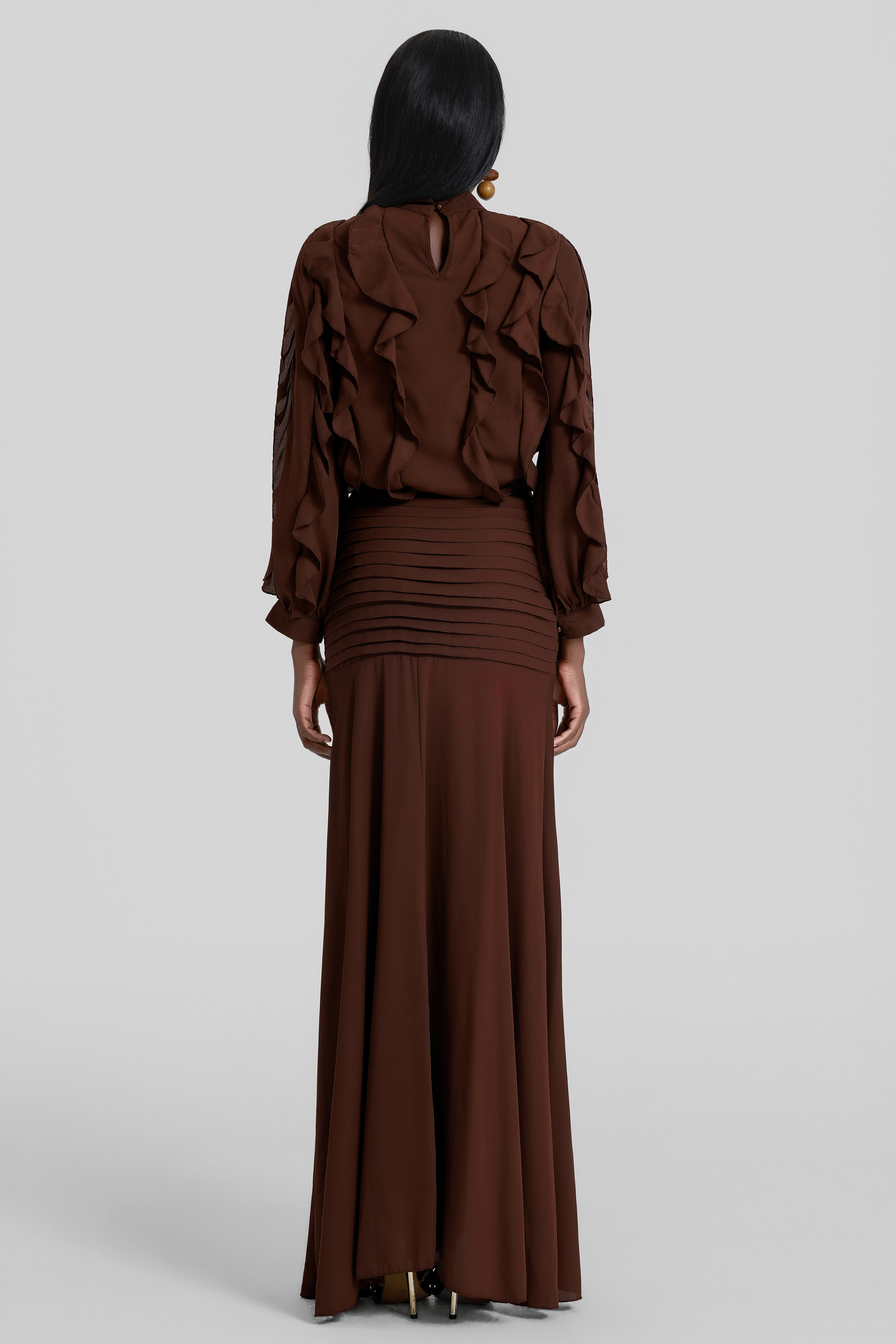 Chiffon Frill Top & Pleated Mid Waist Maxi Skirt Set