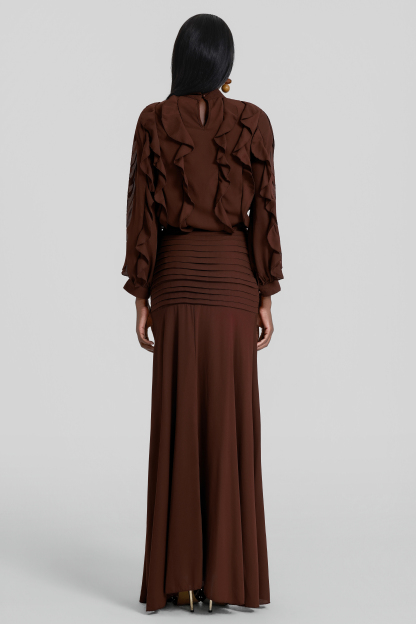 Chiffon Frill Top & Pleated Mid Waist Maxi Skirt Set