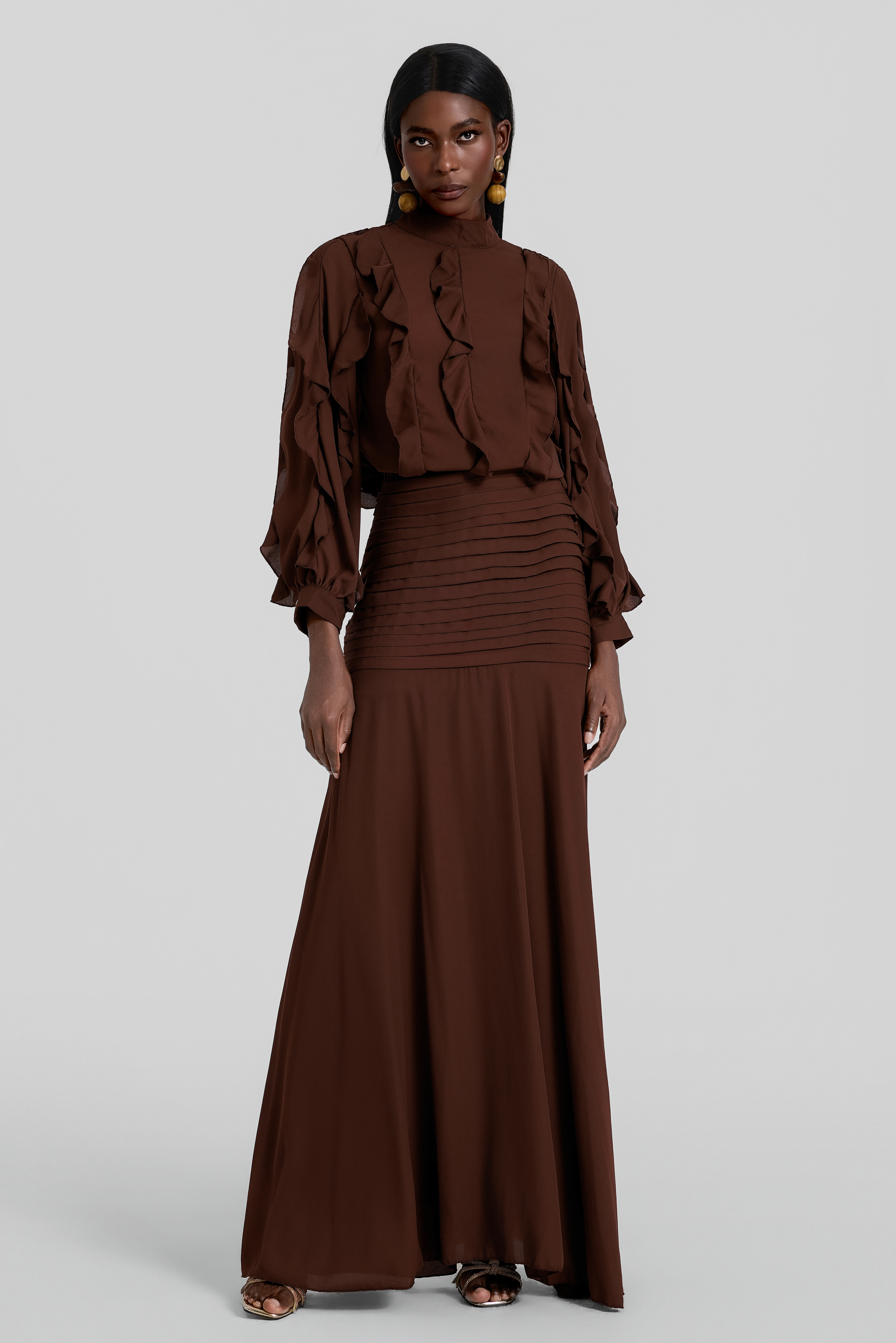Chiffon Frill Top & Pleated Mid Waist Maxi Skirt Set