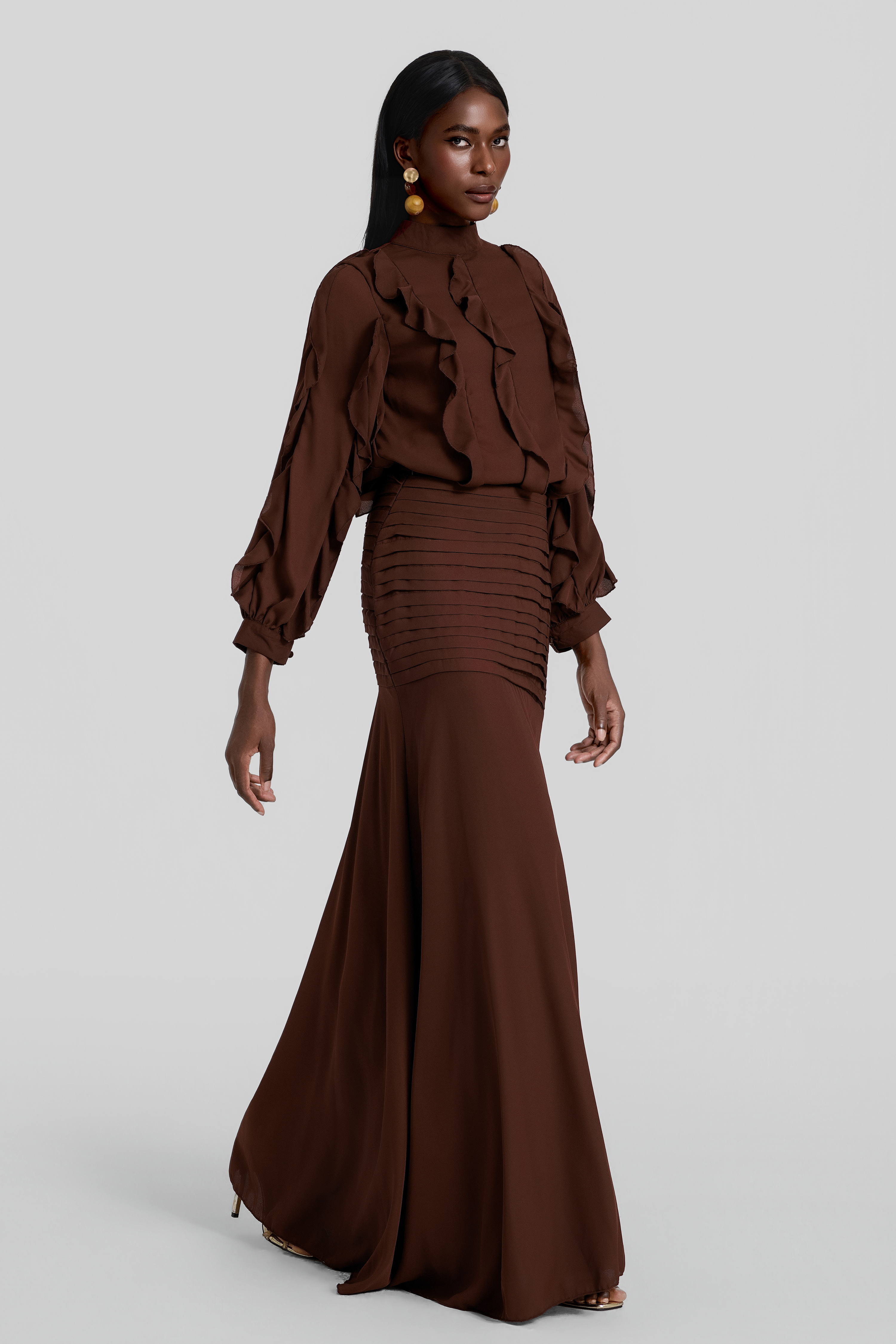 Chiffon Frill Top & Pleated Mid Waist Maxi Skirt Set