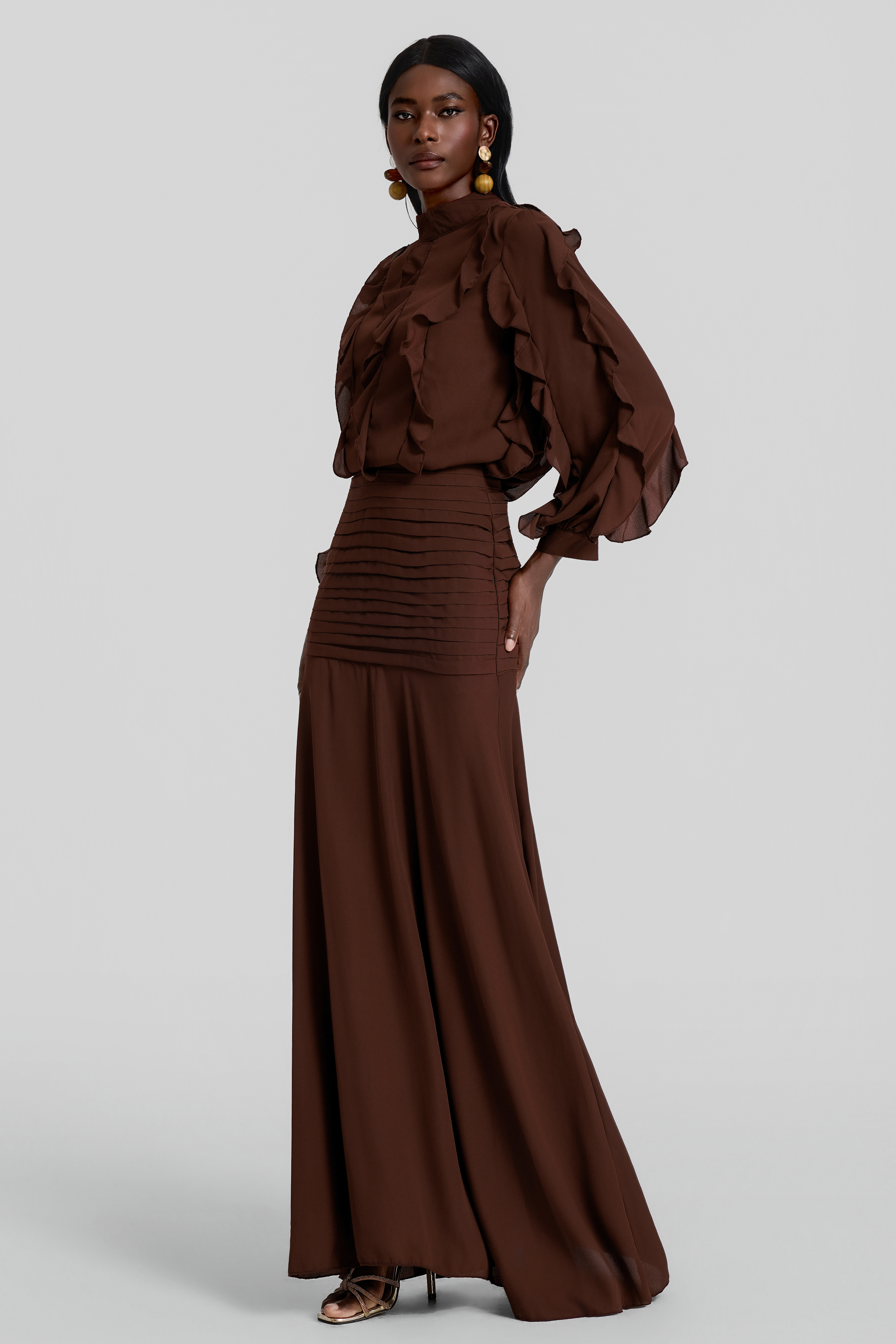 Chiffon Frill Top & Pleated Mid Waist Maxi Skirt Set