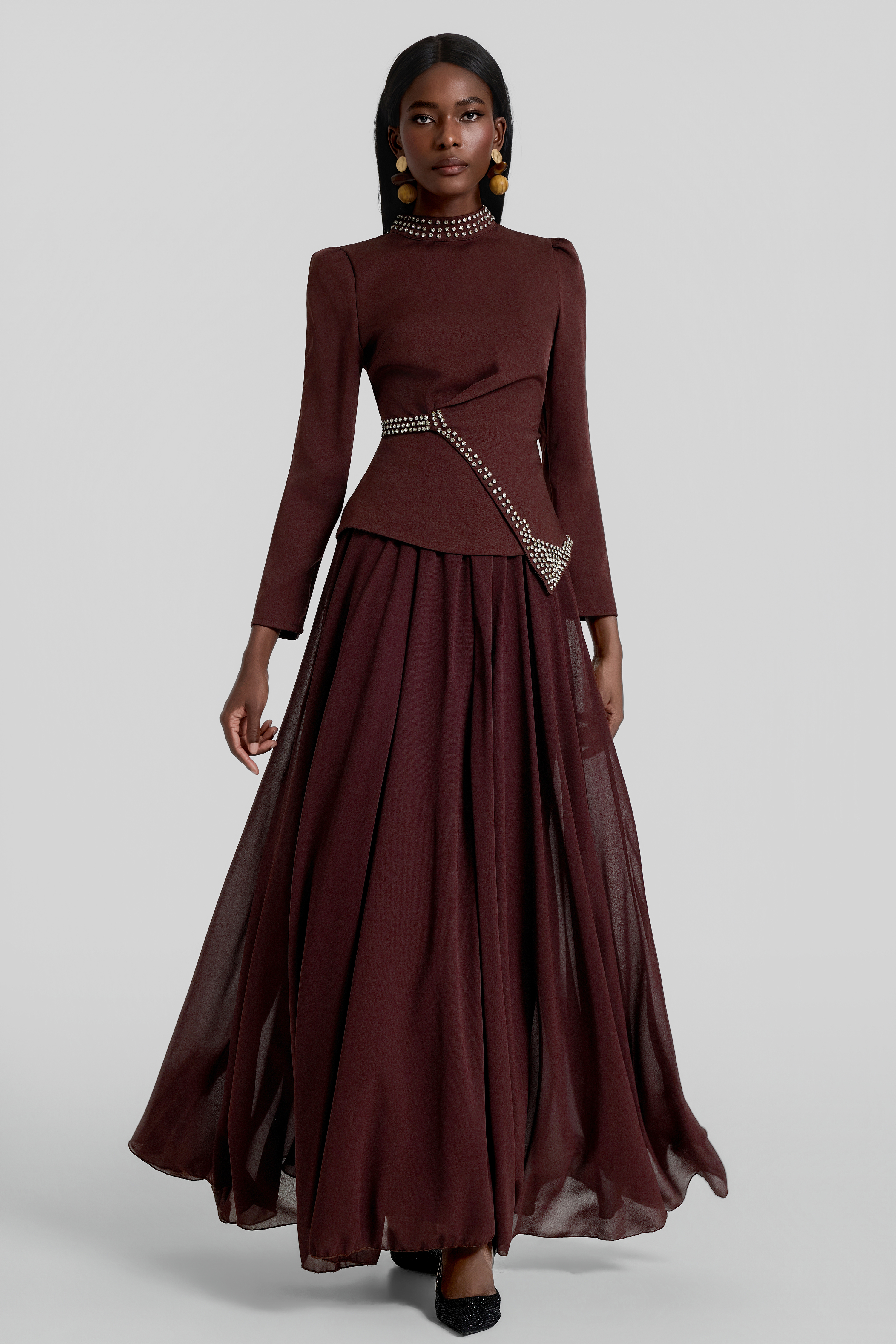 Rhinestone Rivets Top & High Waist Maxi Skirt Set