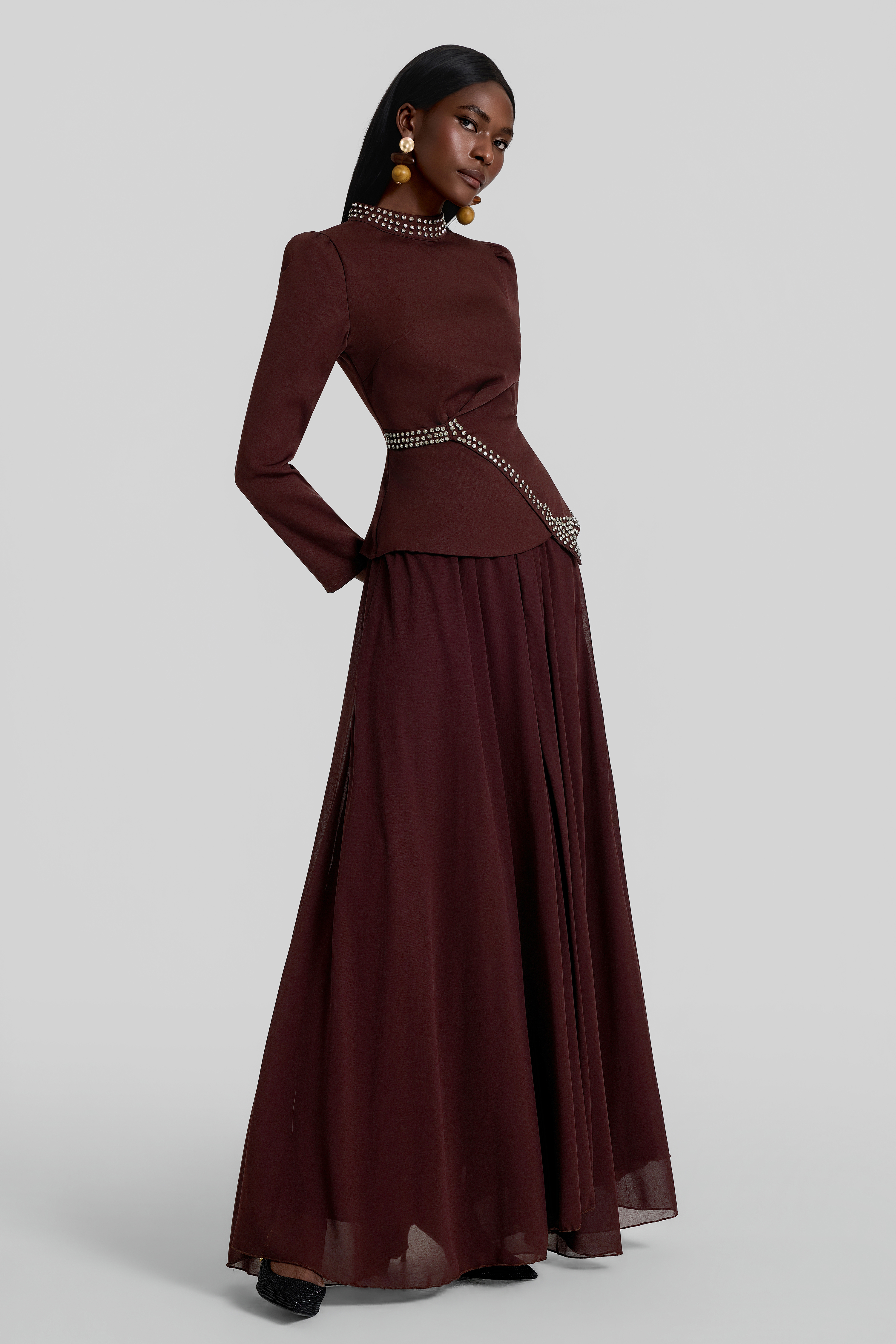 Rhinestone Rivets Top & High Waist Maxi Skirt Set