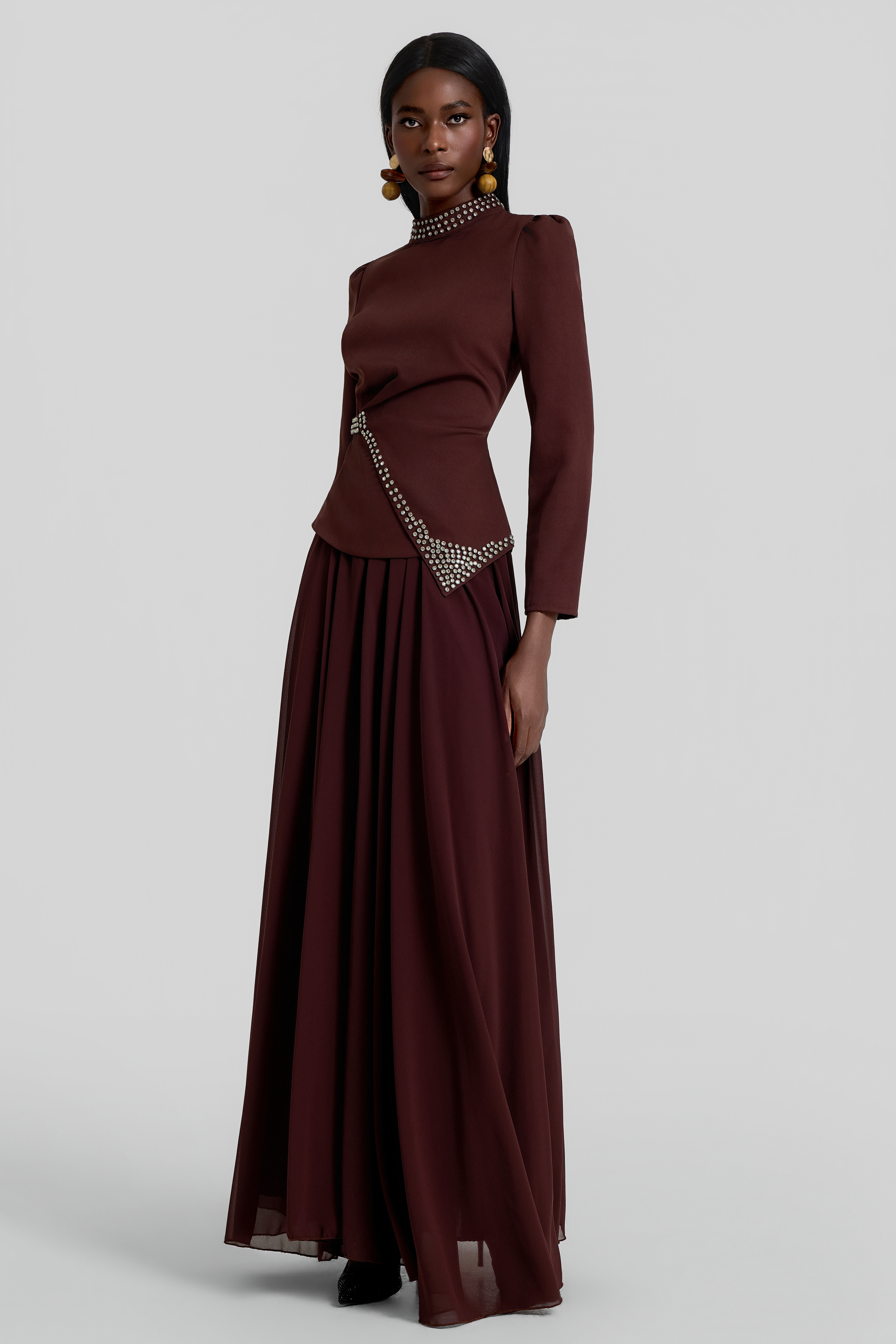 Rhinestone Rivets Top & High Waist Maxi Skirt Set