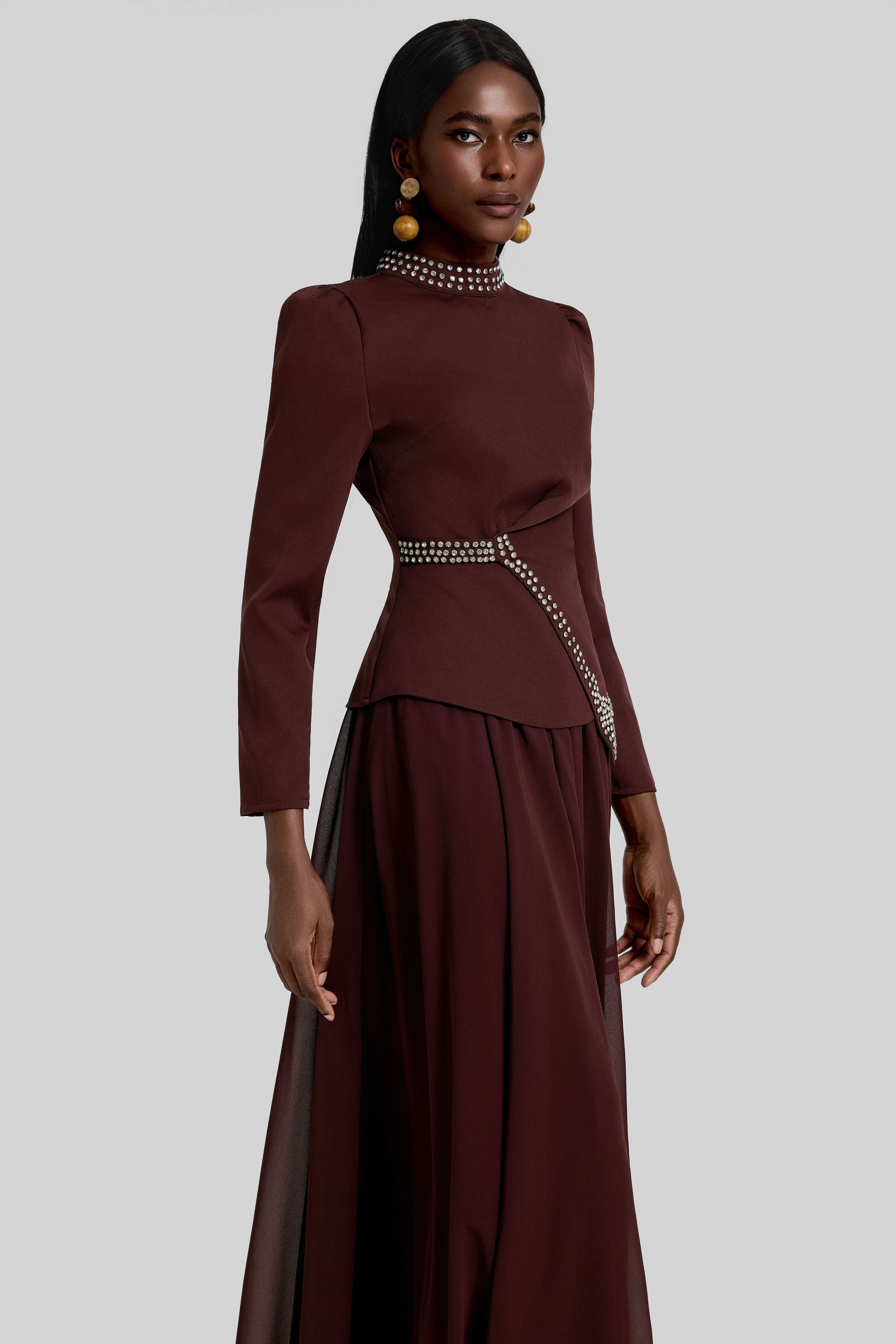 Rhinestone Rivets Top & High Waist Maxi Skirt Set