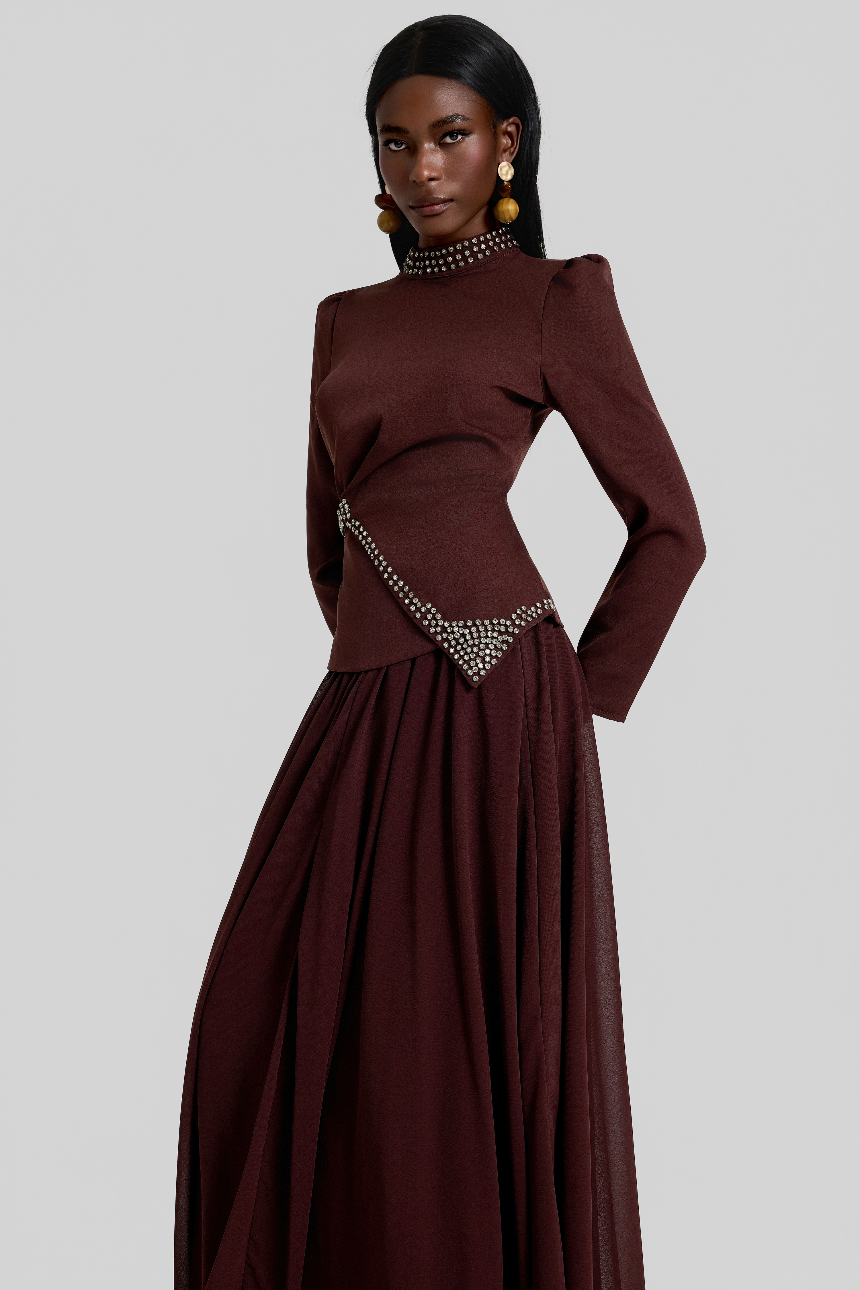 Rhinestone Rivets Top & High Waist Maxi Skirt Set