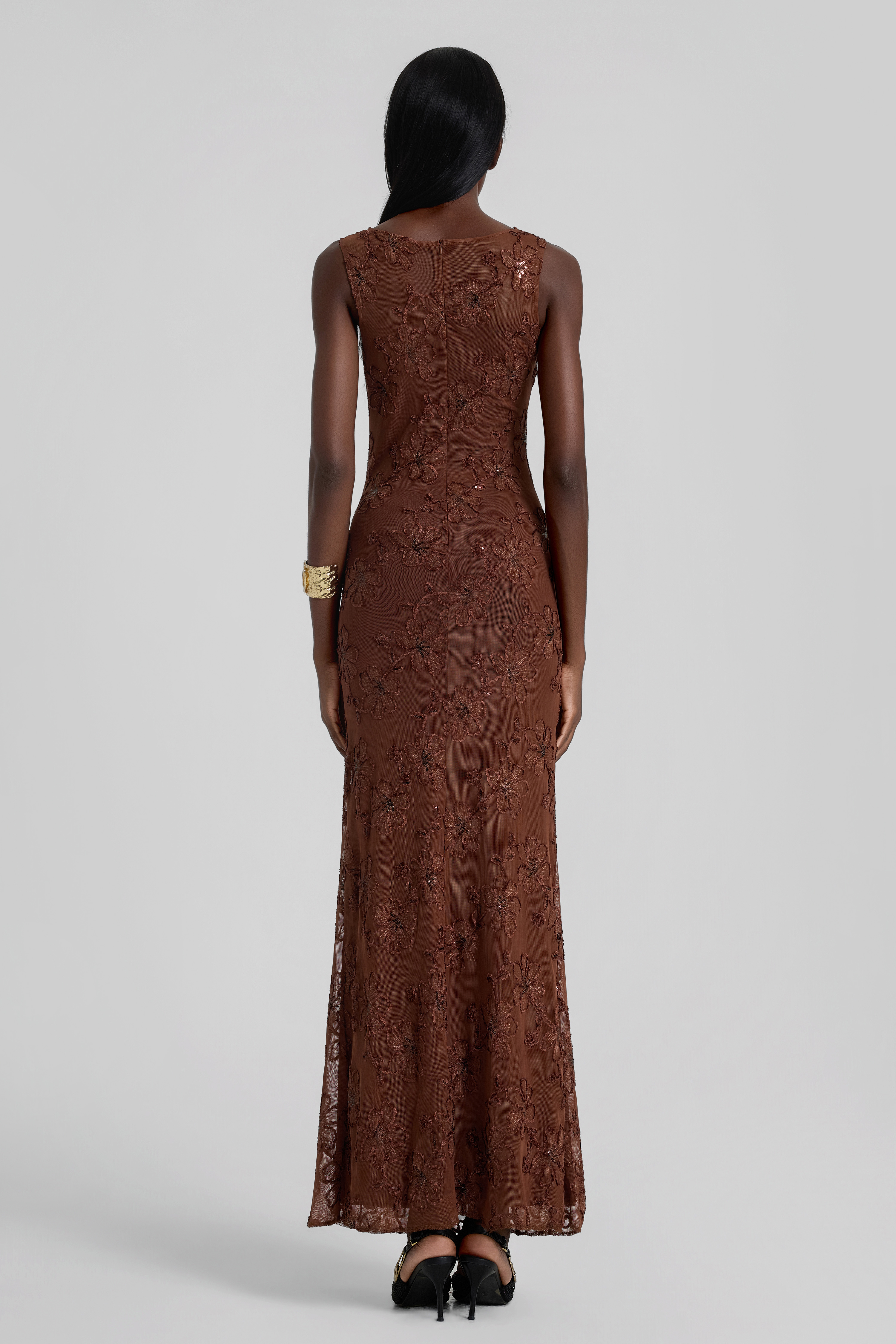 Mesh Embroidered Lace-Up Maxi Dress