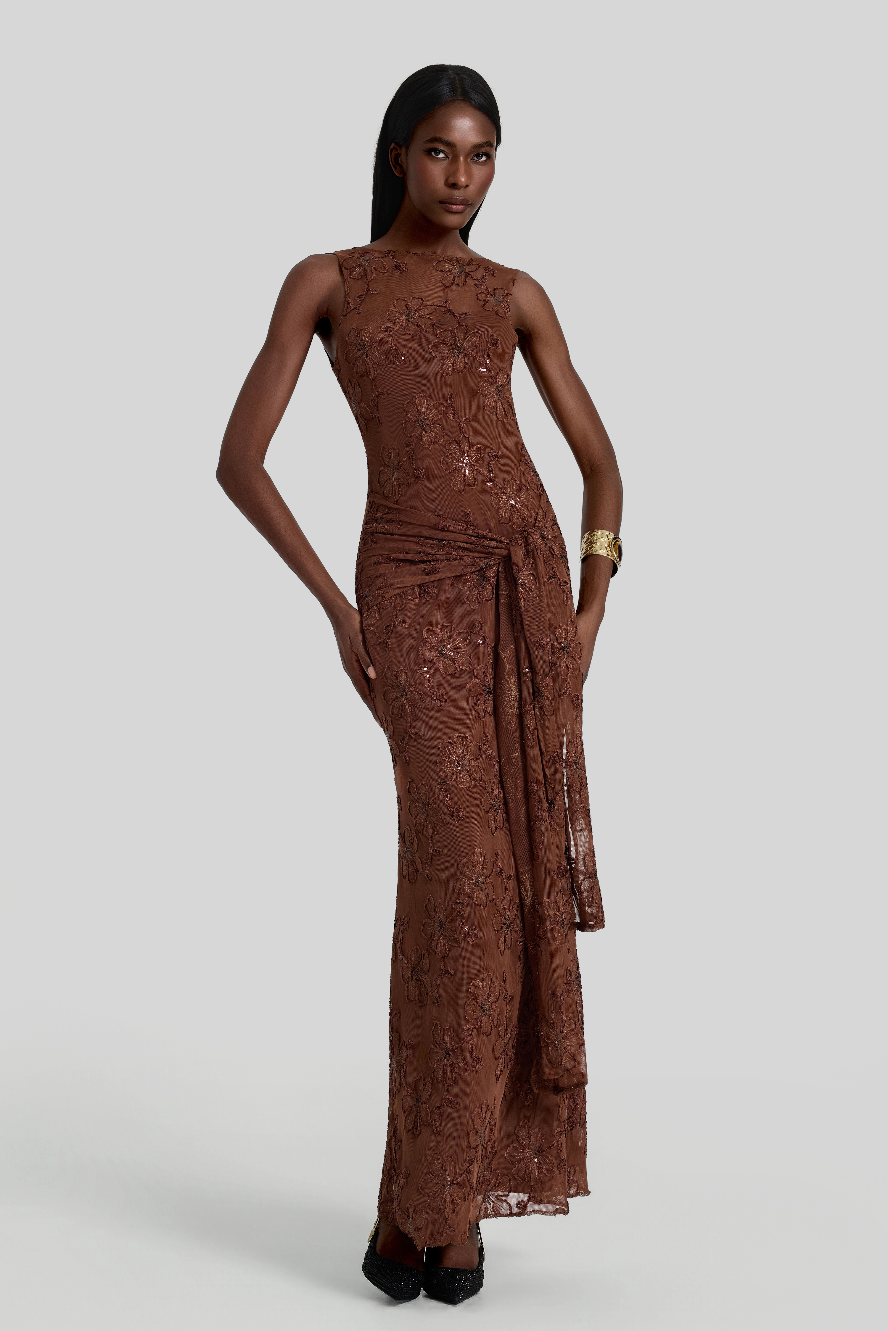 Mesh Embroidered Lace-Up Maxi Dress