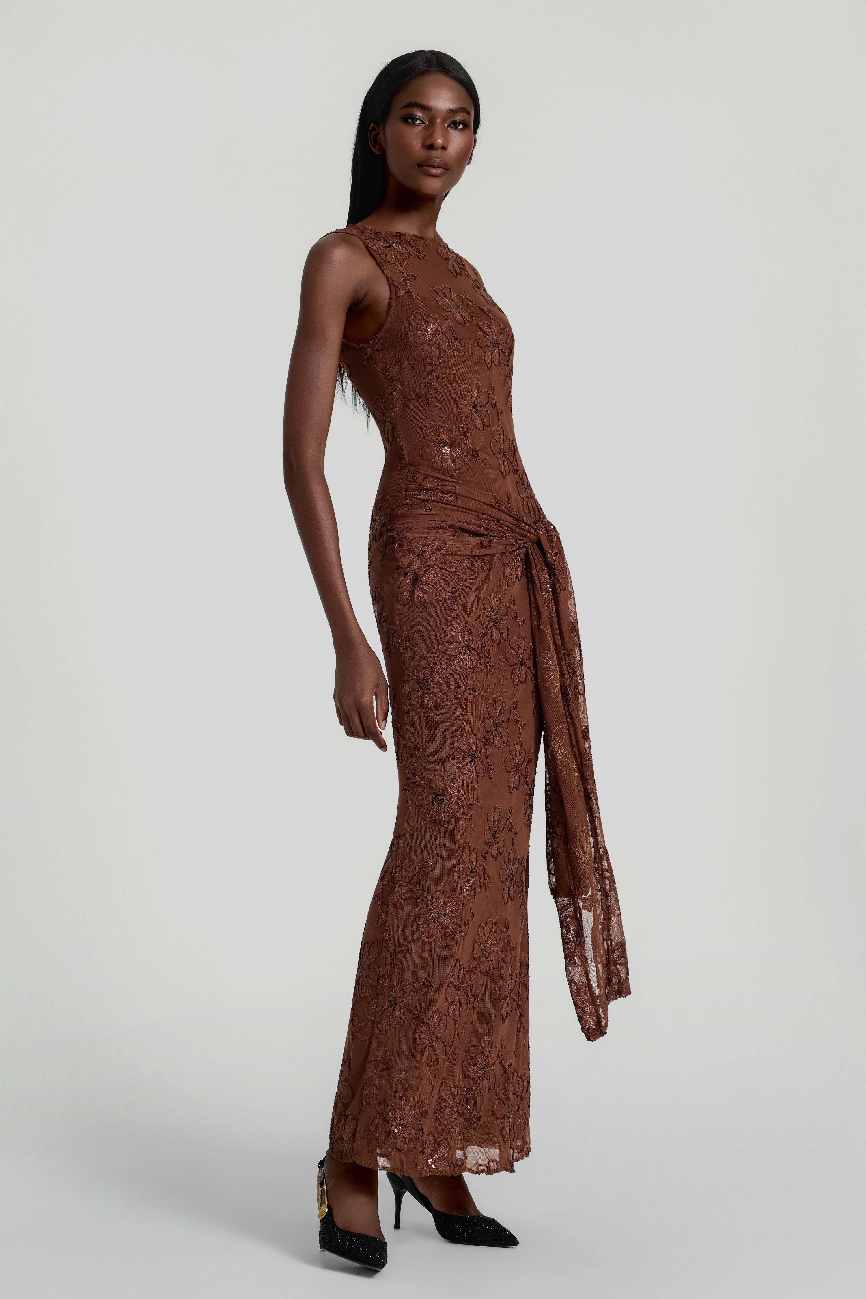 Mesh Embroidered Lace-Up Maxi Dress