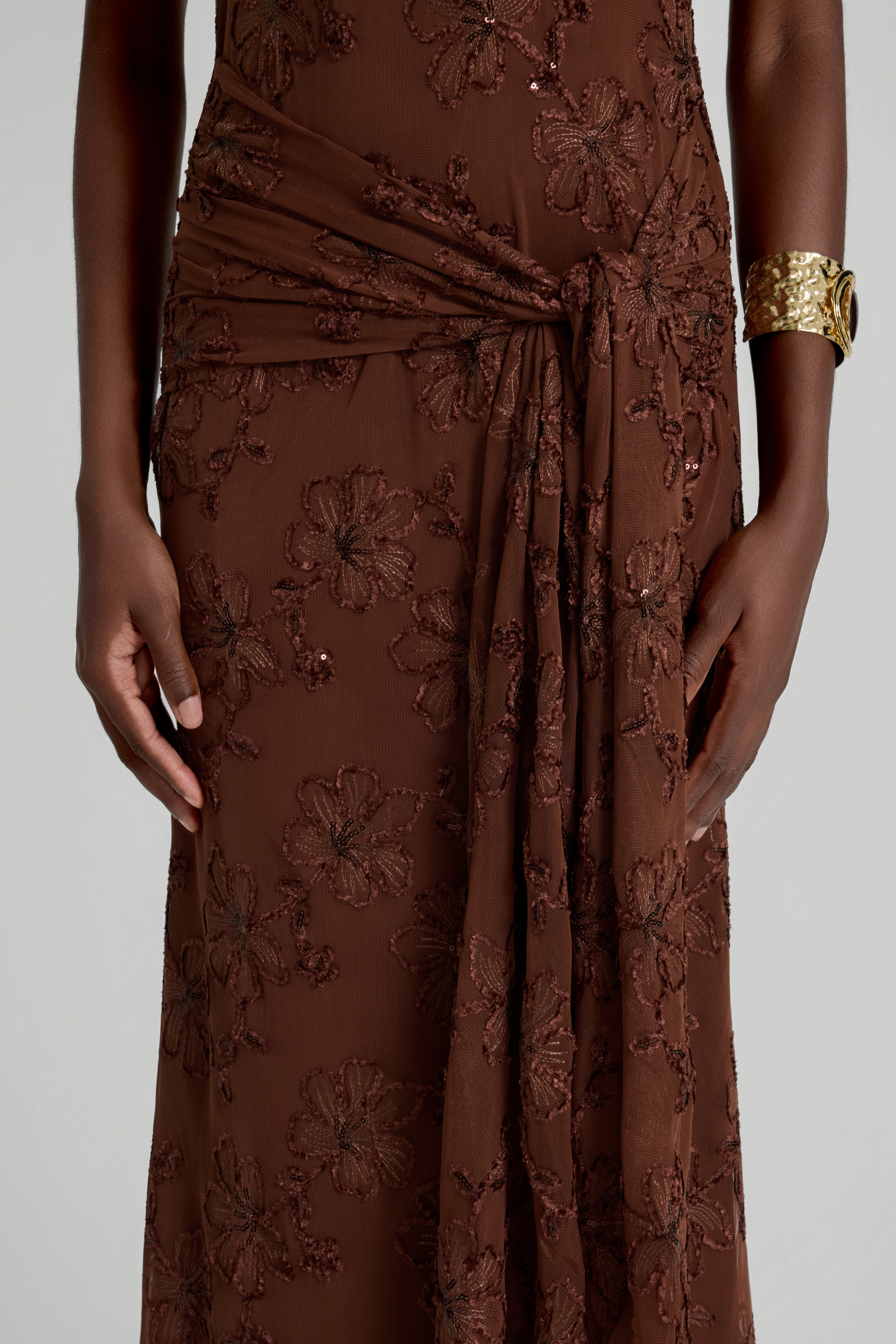 Mesh Embroidered Lace-Up Maxi Dress