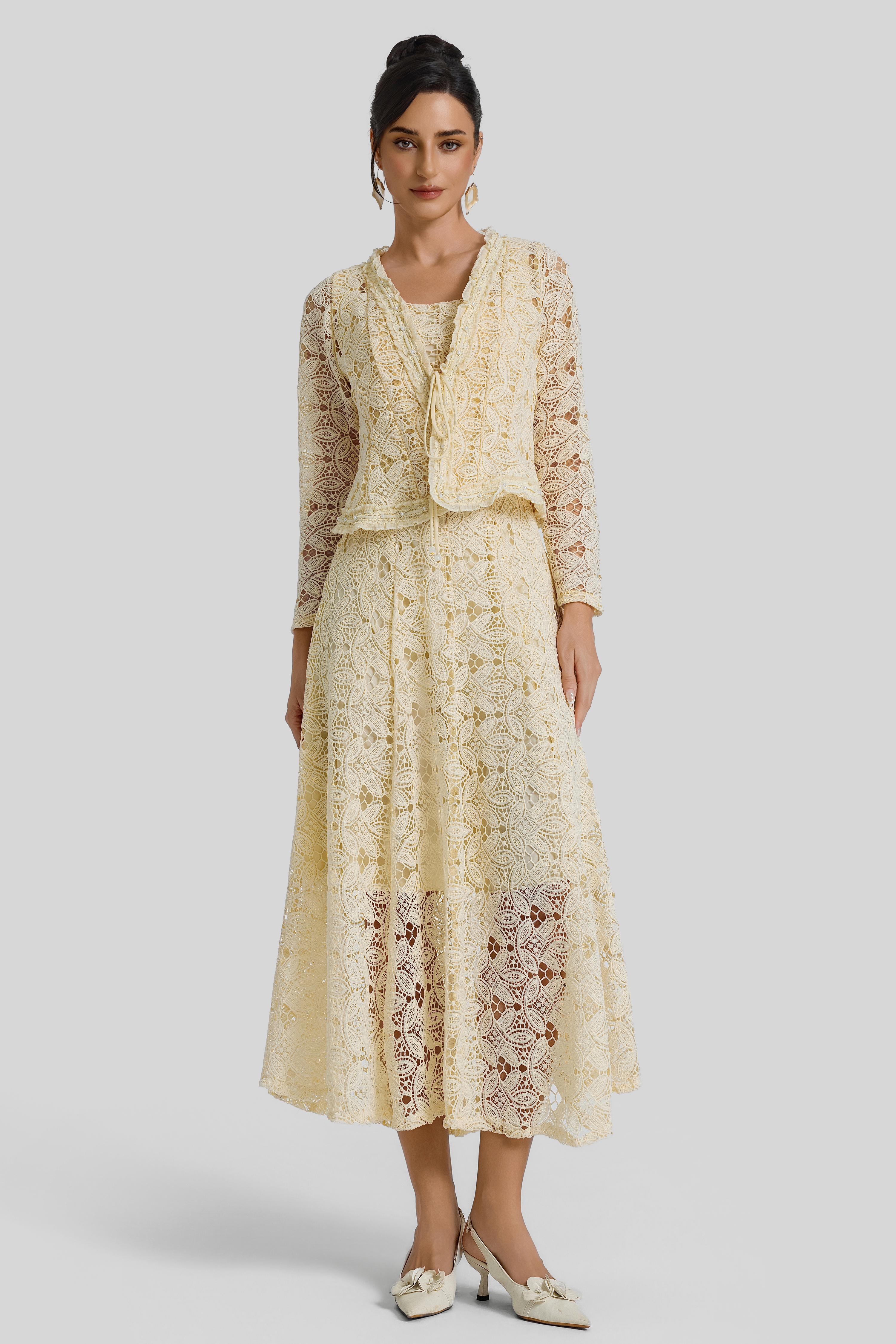 Lace Lace-Up Cardigan & Slip Midi Dress Set