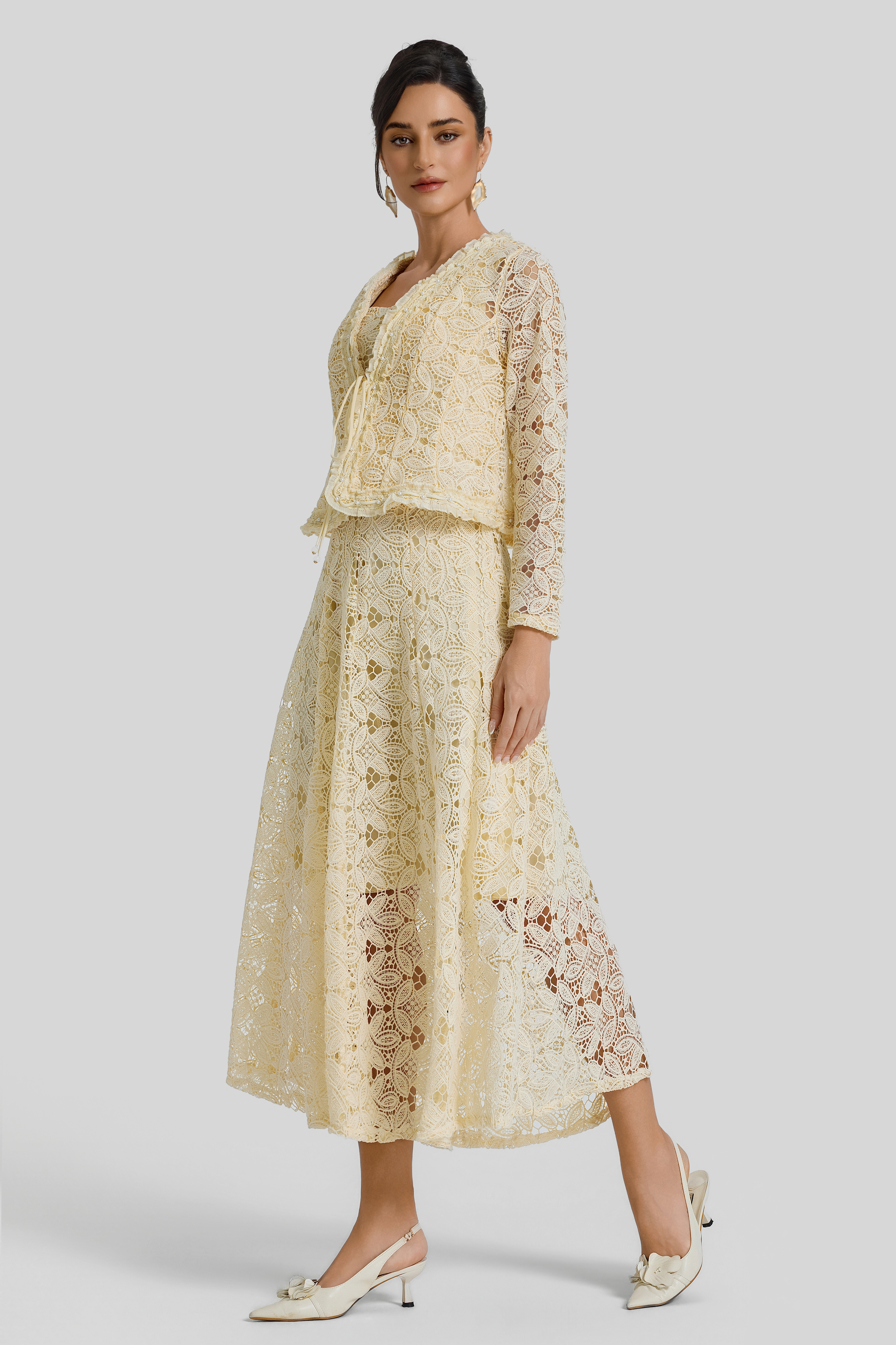 Lace Lace-Up Cardigan & Slip Midi Dress Set
