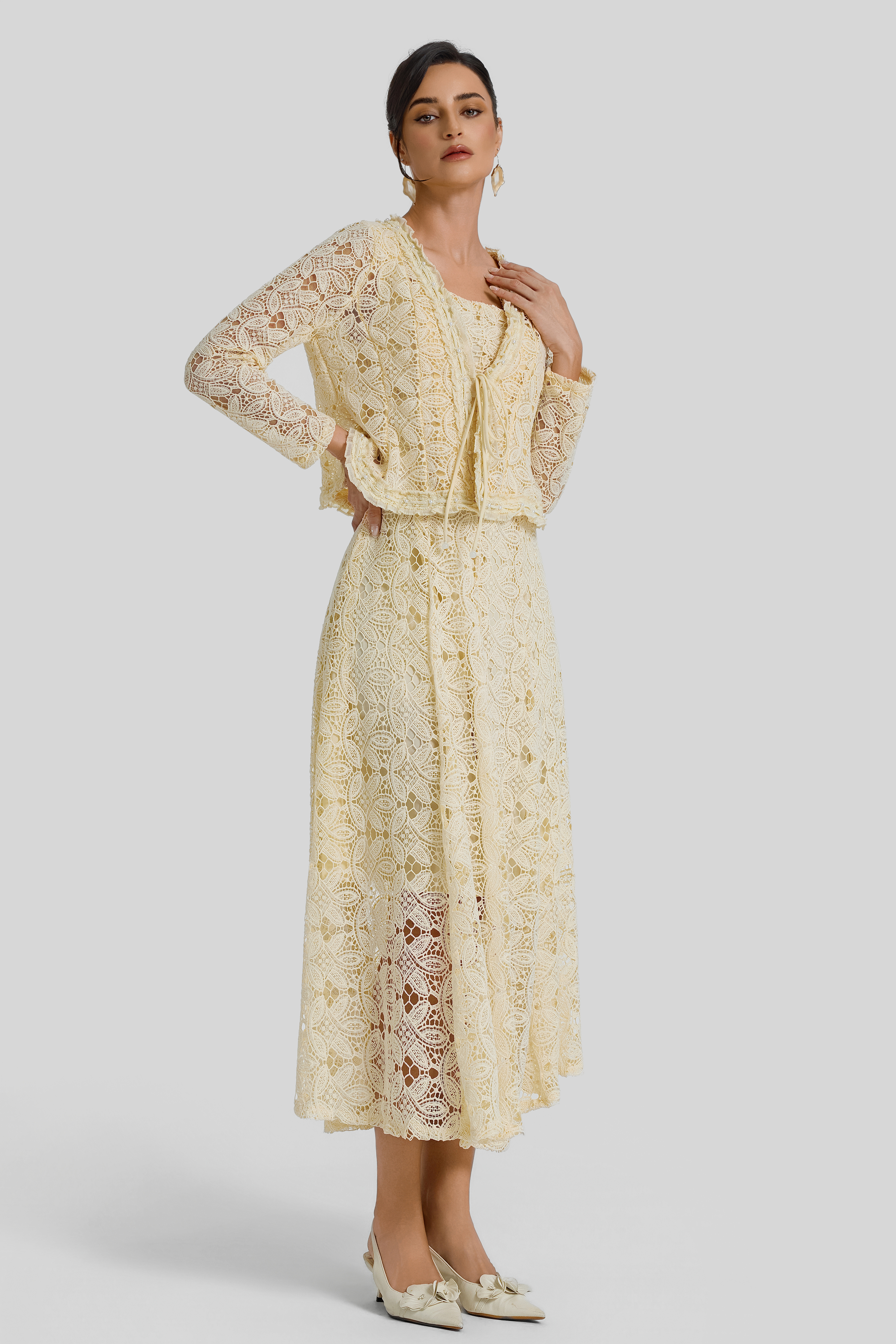 Lace Lace-Up Cardigan & Slip Midi Dress Set