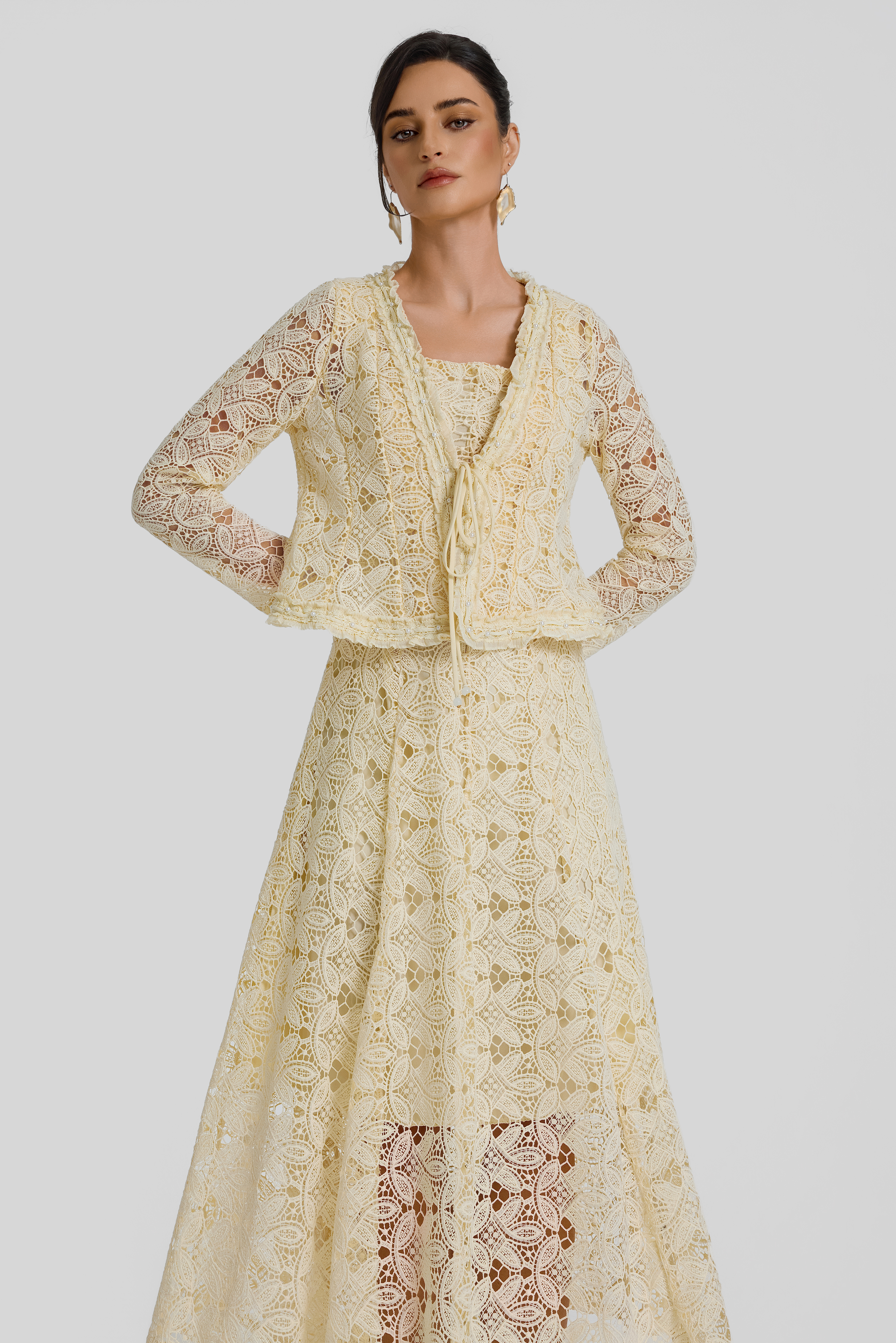 Lace Lace-Up Cardigan & Slip Midi Dress Set